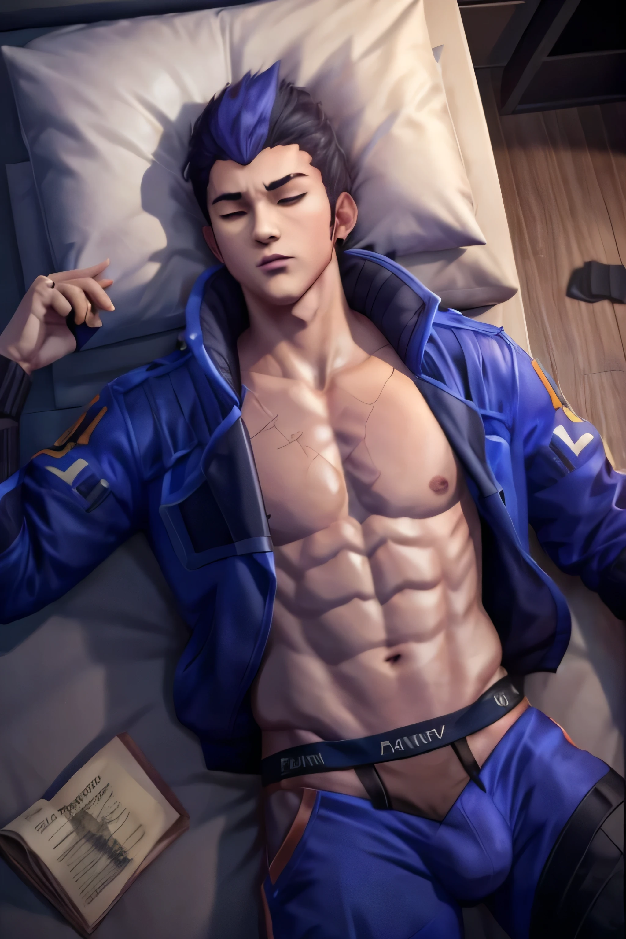 yoru valorant, shirtless, fully shirtless, jacket, laying in bed, sleeping, calvin klein trunks, bulge
