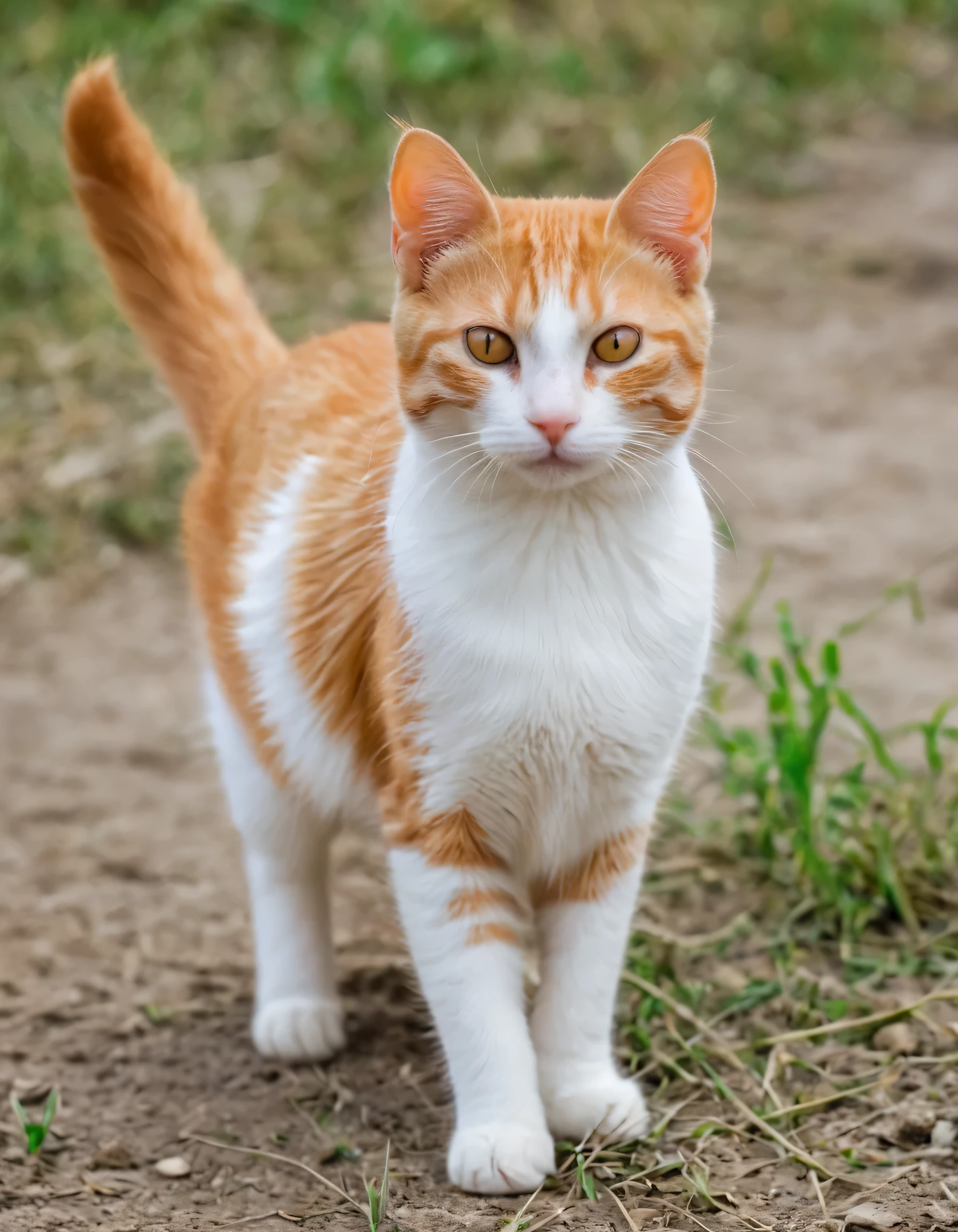 there is a small orange and white cat standing on the ground, beautiful picture of stray, photo of a cat, ginger cat, a cute cat, an orange cat, cute furry needs your help, cute and friendly eyes, orange cat, the cat is walking, with cute doting eyes, cute cat, an adorable kitten, cat female with a whit and chest