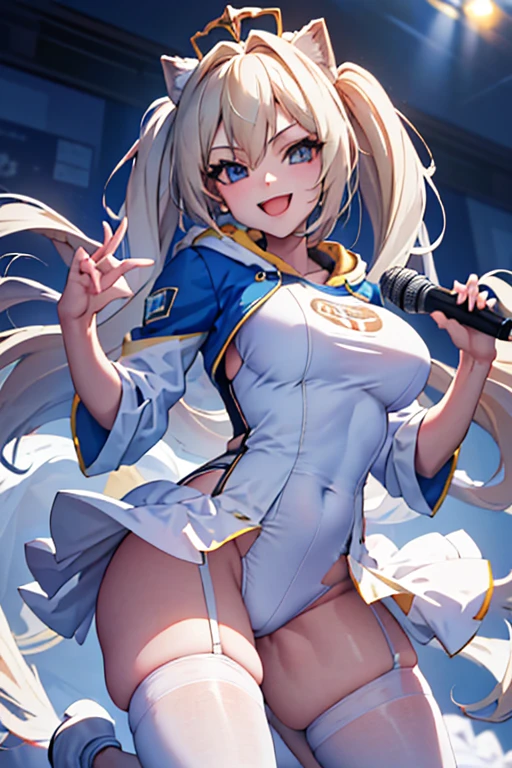 (masterpiece:1.2, best quality), (highly detailed), gym locker room, 1girl,  girl, , long legs, long hair, blonde, (white pantielue sonic the hedgehog hoodie)), standing, smile, Original Character, Volumetric Lighting, Best Shadows, Shallow Depth of Field, (Highest Quality, Amazing Details:1.25), Brilliant Colorful Paintings (Huge breasts: 1. 2,),