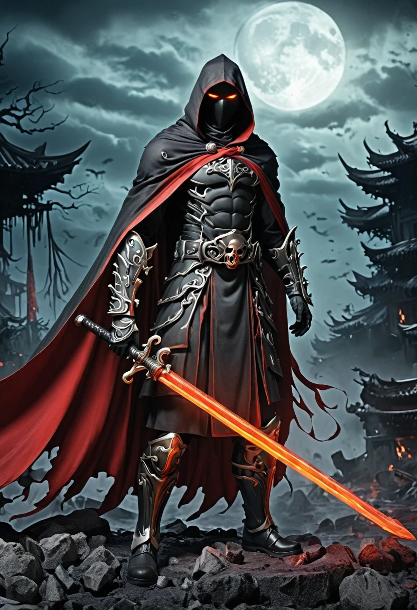 Lava,Hell style, Lava Lich King, Black Lava Necromancer armor with red elements ,Black hood and cape, Robe-Infused Armor, Glowing eyes,smokes, Natural Inspiration, Bones as accessories, Abandoned City Night, Linquivera background filled with chaotic patterns, Disturbing, Frustration, masterpiece, HD,