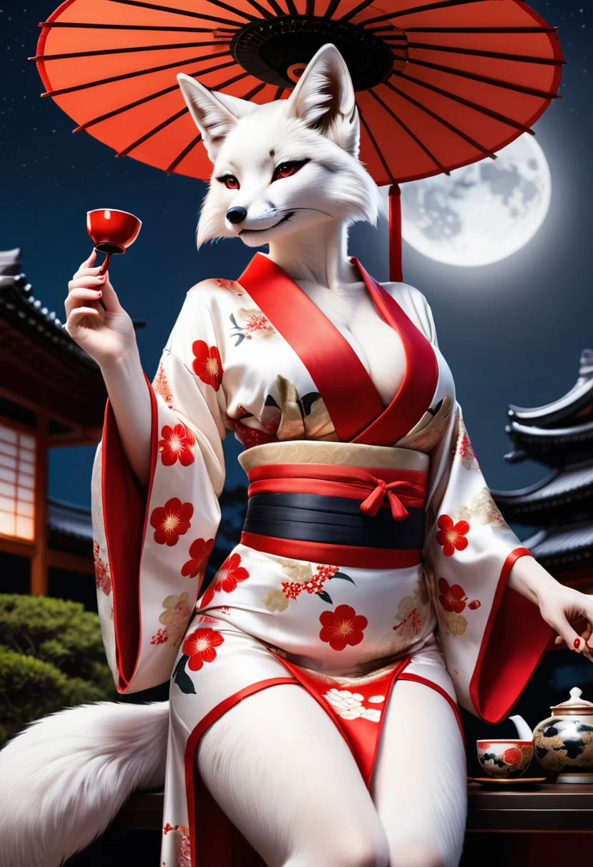 Anthropomorphic sexy white fox dressed as a sexy Japanese geisha, visible cleavage, wearing an open decorated kimono, making traditional tea, tea ceremony in the moonlight, view from below looking up, photorealistic, high quality photography,