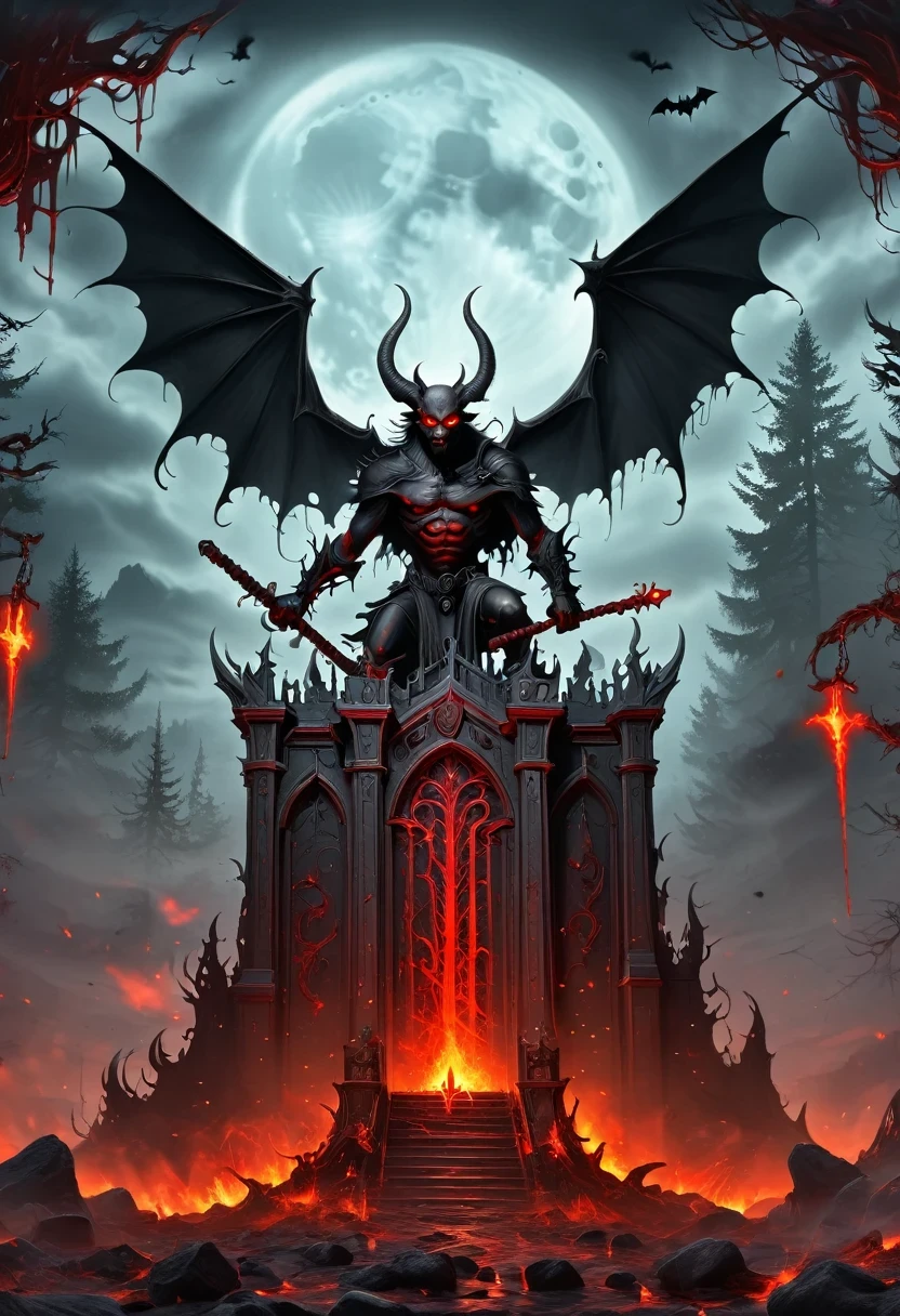 Lava Hell,Dark Lava Overlord,Nether lava mobs,masterpiece:1.2,Super detailed,Gothic art,Gloomy atmosphere,Ominous red and black color scheme,Majestic throne,flying bats,Mark of the Lava Demon,Beautiful forest,crimson fire,Ominous eyes pierce the darkness,Stealth figures,ethereal mist,Ominous spell,Skeleton Legion,Hot sulfur,ruthless minions,Summoning Portal,Fascinating Spellbook,Supernatural creatures emerging from the shadows,Ominous moonshine,The cracked earth reveals a fiery abyss,Hellish building,enchanted weapons,Scarred face,Blood red breath,The witch's cauldron.