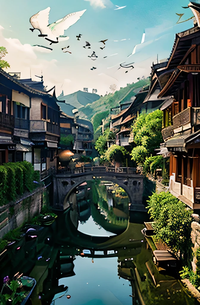 green leaf，evening light，flying birds，zither，fenghuang，Quiet，sprawling，ink and watercolor painting, anime in fantasy style, advanced anime digital art, 4k manga wallpapers, 8K, Best quality, Masterpiece: 1.2, Pixel avatar style,indian village