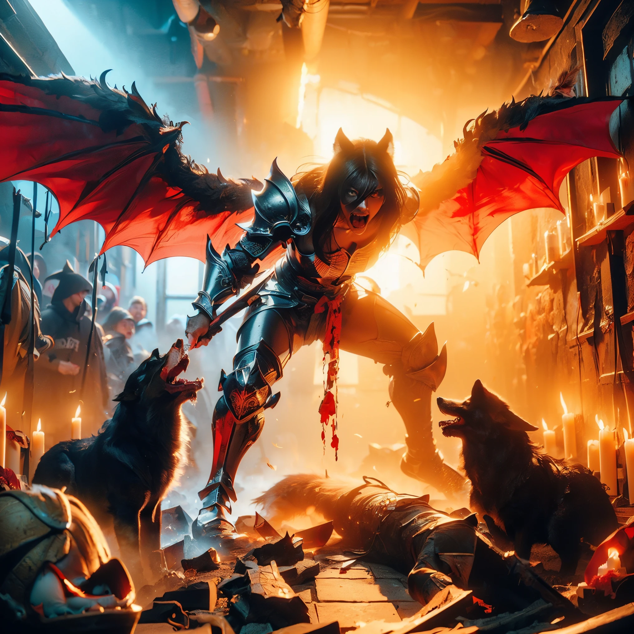 (((Realistic, masterpiece, best quality, crisp detail, high definition, high detail, very rich detail, sharp focus, sharp detail, colorful, rich color, perfect studio lightning))), ((20 years old, beautiful devil, kasumi arimura, evil gothic make up, flying, floating)),(((in the middle of war, epic war scene, attack stance))), wearing (((beautiful decorated black heavy armor, dark dragon armor, decorated full body armor, fully armored beautiful kimono, wide fire diabolos wings))), (flying, holding giant blade, blood scattered face, blood tears, blood bath, blood shed), (((fire everywhere, blood everywhere, death everywhere, japan bakumatsu period, dead bodies,carcass,burned japanese castle, cerberus, three headed wolves, were wolves, hellish,chaos, inferno)) traditional village background, dark atmosphere, bloody night)