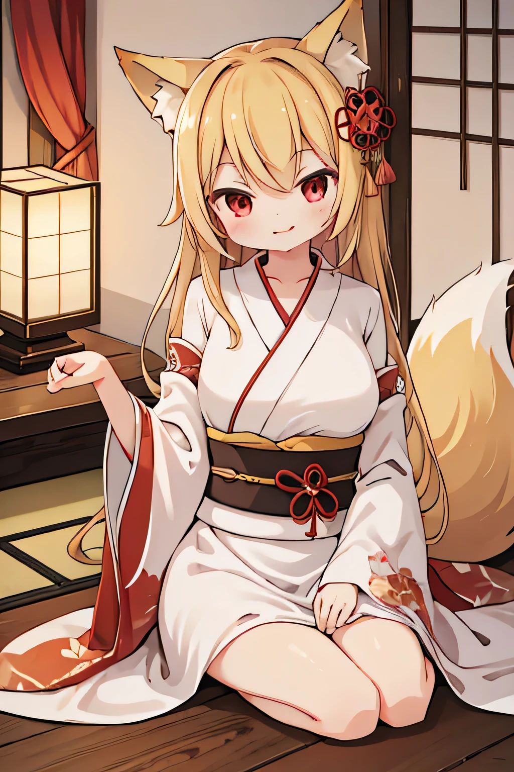 highest quality、smile、Fox ears、Long blonde、Red Eye、kimono、Japanese-style room