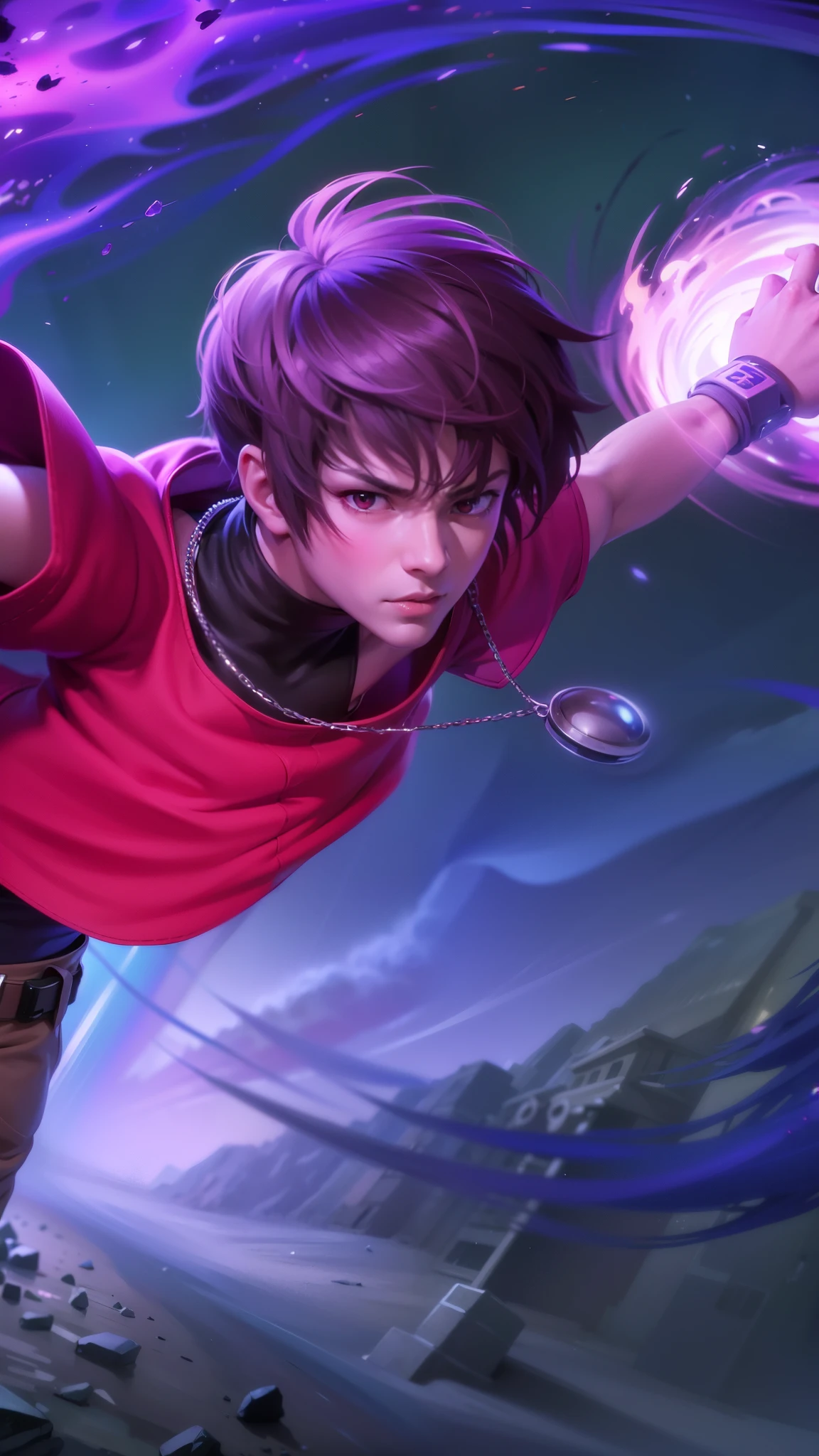 anime boy with purple hair and red shirt holding a purple ball, epic anime style, anime style 4 k, range murata and artgerm, 4 k manga wallpaper, flying anime esper, badass anime 8 k, anime art wallpaper 8 k, high quality anime artstyle, anime boy, anime wallaper, extremely detailed artgerm, advanced anime digital art, red eyes, glare.