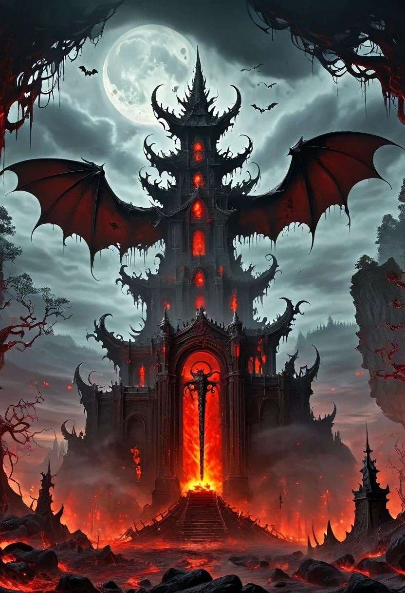 Lava Hell,Dark Lava Overlord,Nether lava mobs,masterpiece:1.2,Super detailed,Gothic art,Gloomy atmosphere,Ominous red and black color scheme,Majestic throne,flying bats,Mark of the Lava Demon,Beautiful forest,crimson fire,Ominous eyes pierce the darkness,Stealth figures,ethereal mist,Ominous spell,Skeleton Legion,Hot sulfur,ruthless minions,Summoning Portal,Fascinating Spellbook,Supernatural creatures emerging from the shadows,Ominous moonshine,The cracked earth reveals a fiery abyss,Hellish building,enchanted weapons,Scarred face,Blood red breath,The witch's cauldron.