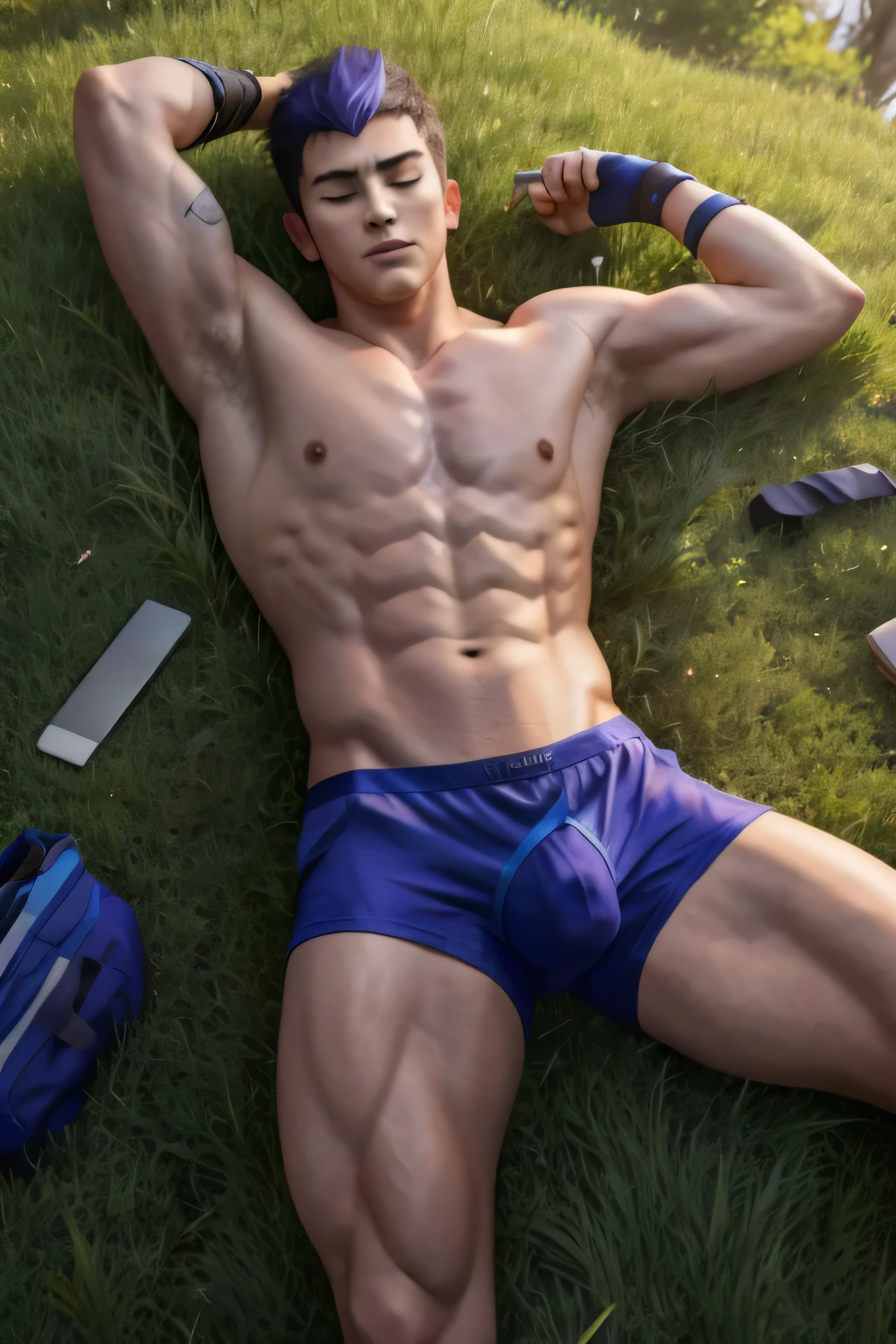 yoru valorant, shirtless, fully shirtless, white tshir, laying in grass, sleeping, calvin klein underwear, bulge 