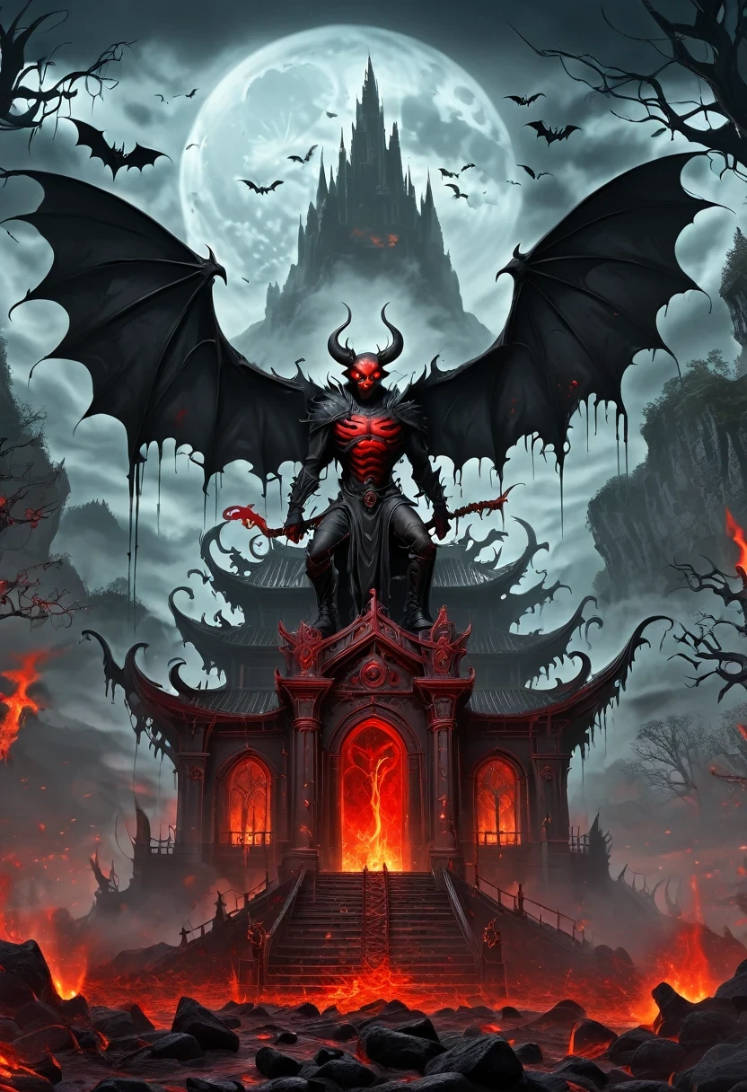 Lava Hell,Dark Lava Overlord,Nether lava mobs,masterpiece:1.2,Super detailed,Gothic art,Gloomy atmosphere,Ominous red and black color scheme,Majestic throne,flying bats,Mark of the Lava Demon,Beautiful forest,crimson fire,Ominous eyes pierce the darkness,Stealth figures,ethereal mist,Ominous spell,Skeleton Legion,Hot sulfur,ruthless minions,Summoning Portal,Fascinating Spellbook,Supernatural creatures emerging from the shadows,Ominous moonshine,The cracked earth reveals a fiery abyss,Hellish building,enchanted weapons,Scarred face,Blood red breath,The witch's cauldron.