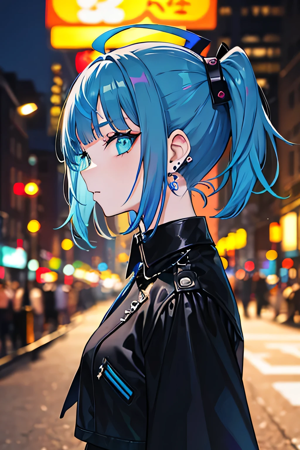 Goth_punk, One girl, alone, Medium Shot, Walking around Harajuku, ((at night)), Bokeh, Neon Light, Rainbow Eyes, Starry Sky, 青いShiny Hair, Blue eyebrows, Shiny Hair, (Iridescent blue hair), Earrings, bangs, jewelry, mask, blunt bangs, Green Eyes, mouth mask, Blurred background, Blurred, hair ornaments, View your viewers, short hair, Portraiture, Side Lock