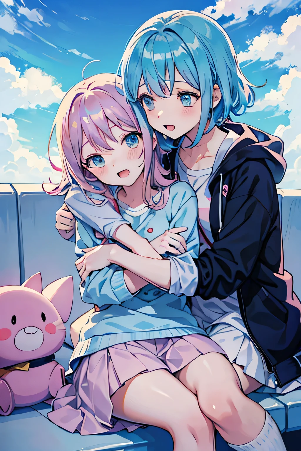 Anime Girls hugging her friend with a speech bubble above her, cute Anime Girls, pretty girl, pretty girlのアニメビジュアル, Anime Girls, an Anime Girls, Holding my knees, Soft anime illustration, (Anime Girls), chiaki nanami from danganronpa, Cute Anime, Naughty, Cute realistic portrait, young Anime Girls, cute Anime Girls portrait,Sky blue hair,Shiny sky blue hair