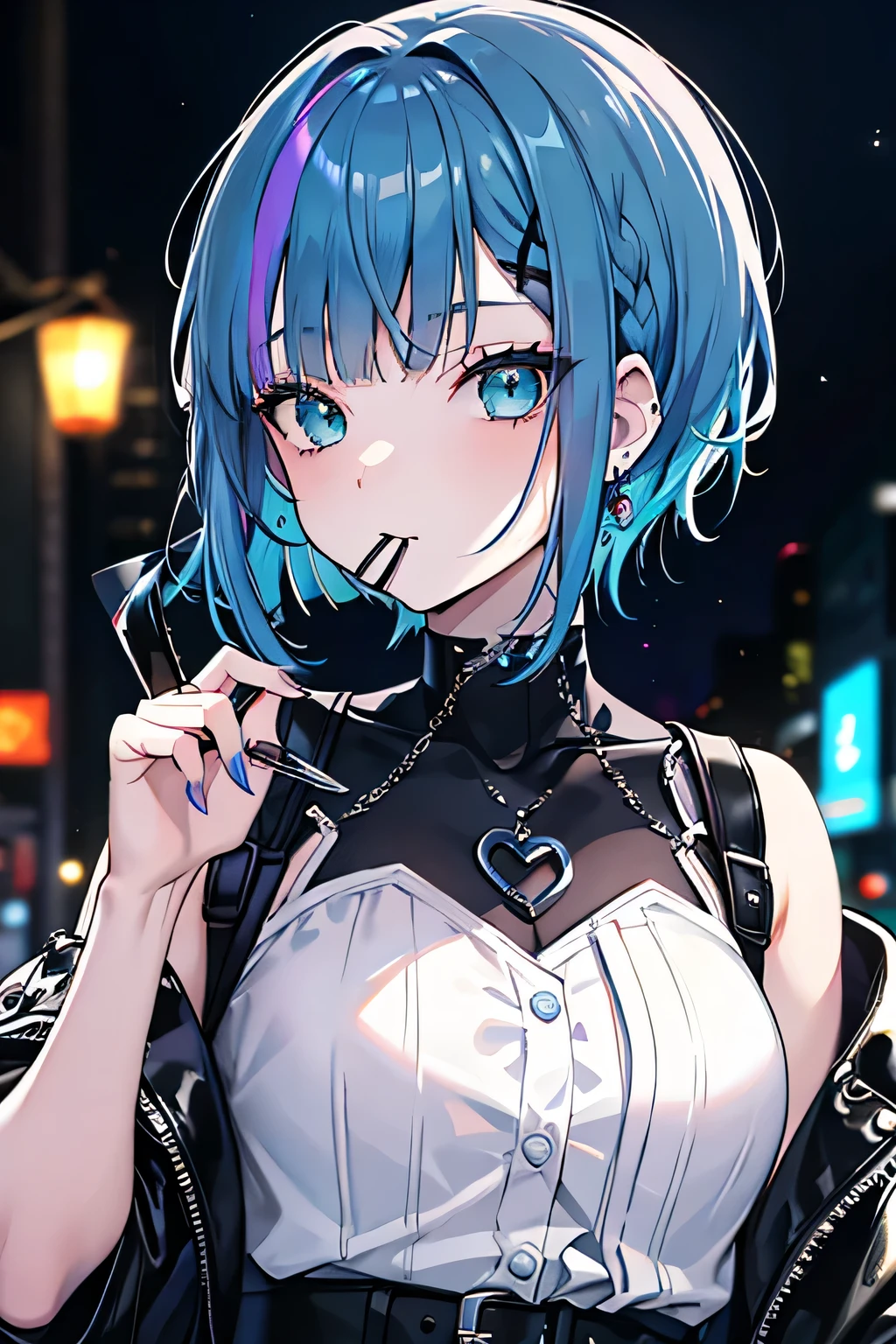 Goth_punk, One girl, alone, Medium Shot, Walking around Harajuku, ((at night)), Bokeh, Neon Light, Rainbow Eyes, Starry Sky, 青いShiny Hair, Blue eyebrows, Shiny Hair, (Iridescent blue hair), Earrings, bangs, jewelry, mask, blunt bangs, Green Eyes, mouth mask, Blurred background, Blurred, hair ornaments, View your viewers, short hair, Portraiture, Side Lock