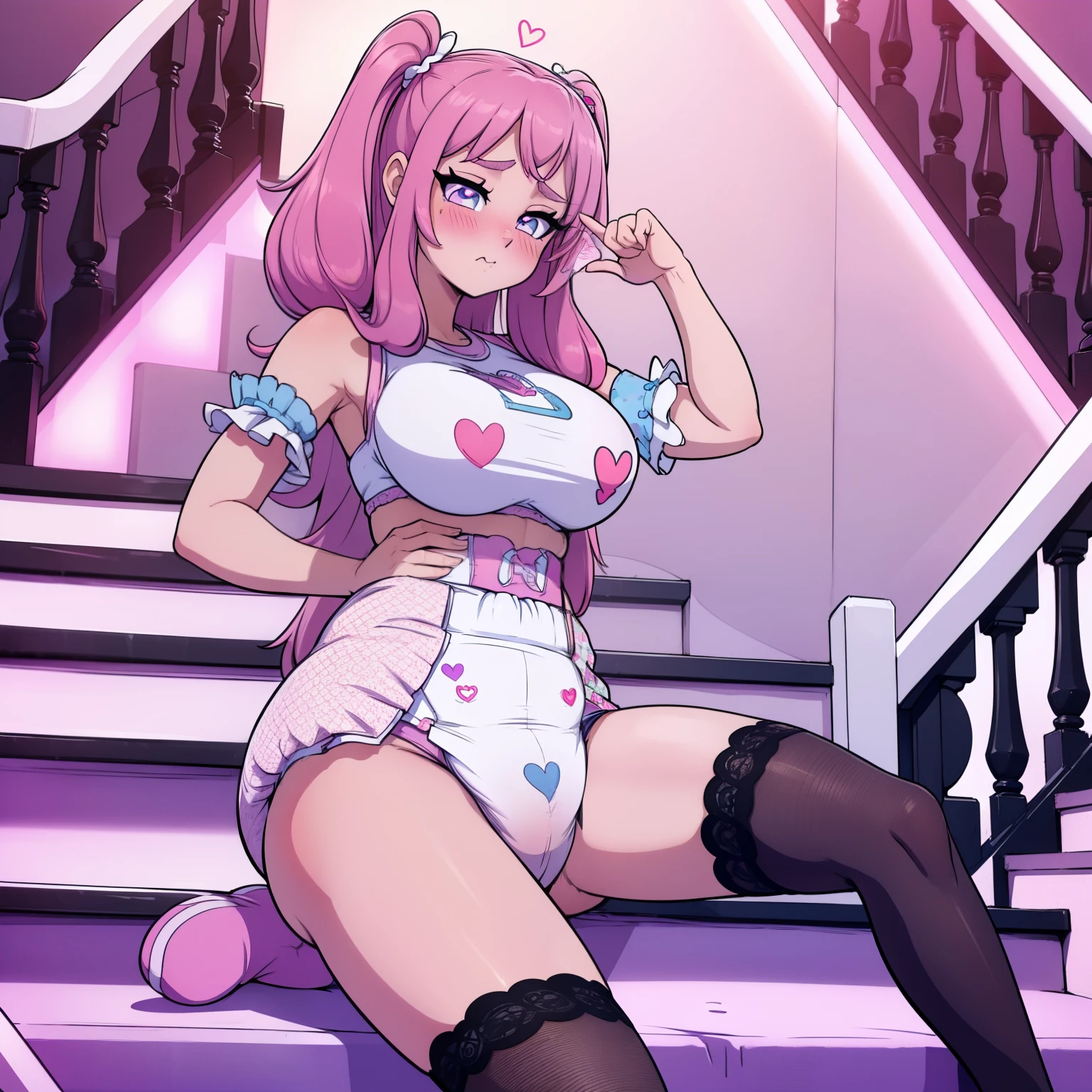 A sorority girl wearing a big bulbous puffy ??????, heart emojis, sorority party, sorority house, blushing, embarrased, fishnet stockings, pretty eyes, facing viewer, seductive, flirty, foyer, staircase, hypnotized 