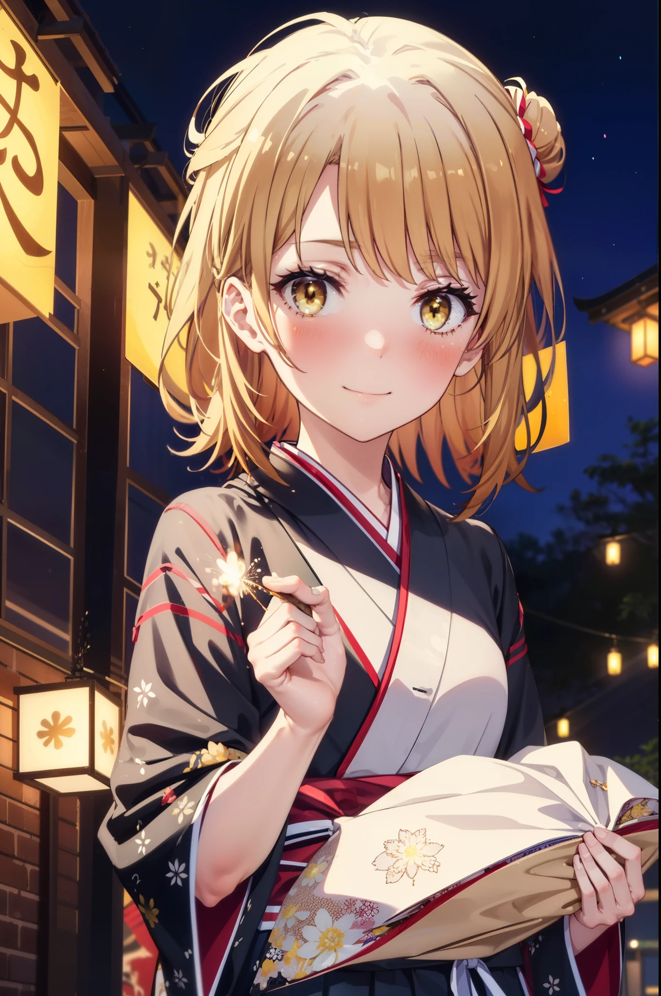 irohaisshiki, Iroha Isshiki, long hair, Brown Hair, (Brown eyes:1.5), Hair Bun, single Hair Bun,smile,Yellow kimono,Thick sleeves,Yellow hakama,White tabi,Sandals,日本のFestivalり,夏Festivalりの屋台,Red lantern,Fireworks in the night sky、Fireworks,The place is a fireworks display,Time is night,sunny day,whole bodyがイラストに入るように,歩いている
break outdoors, Festival,
break looking at viewer,whole body,
break (masterpiece:1.2), highest quality, High resolution, unity 8k wallpaper, (figure:0.8), (Beautiful fine details:1.6), Highly detailed face, Perfect lighting, Highly detailed CG, (Perfect hands, Perfect Anatomy),