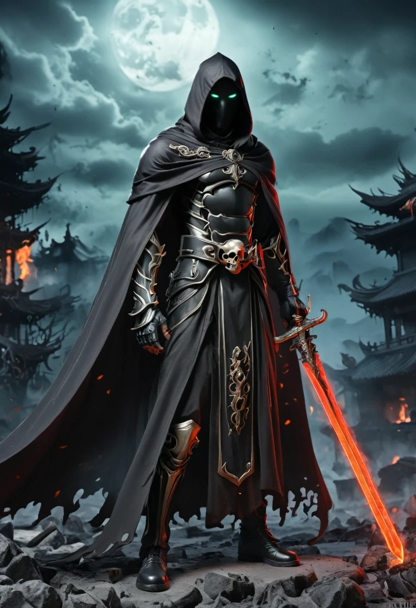 Lava,Hell style, Lava Lich King, Black Lava Necromancer armor with red elements ,Black hood and cape, Robe-Infused Armor, Glowing eyes,smokes, Natural Inspiration, Bones as accessories, Abandoned City Night, Linquivera background filled with chaotic patterns, Disturbing, Frustration, masterpiece, HD,