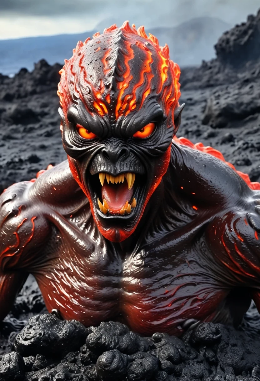 Lava Hell, Hell scenery, Fiery lava creature, Intense red lava, (Hyper-realistic lava creature facial features:1.3)