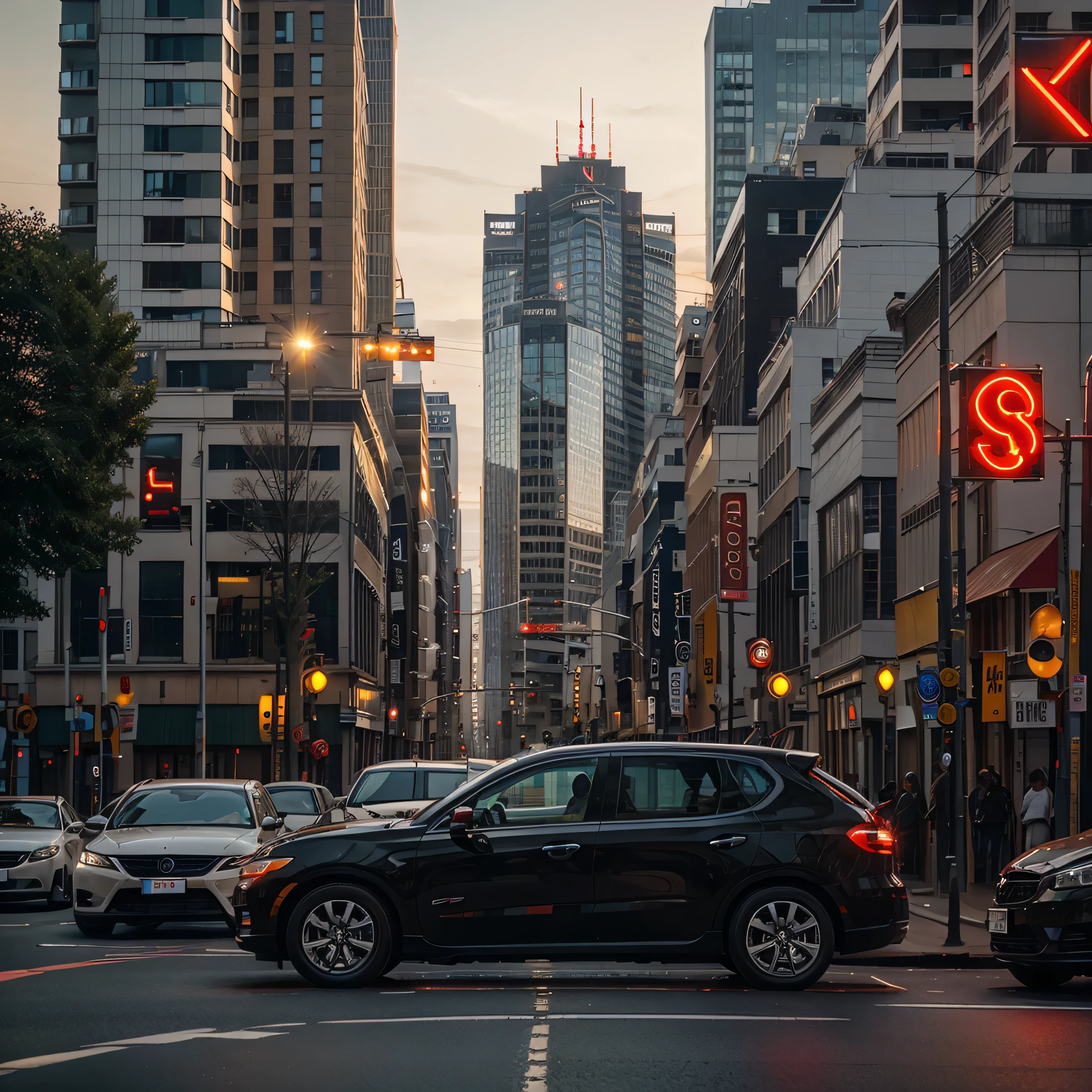 City Road，Many cars lined up waiting for the red light，The taillights look like an L from a distance