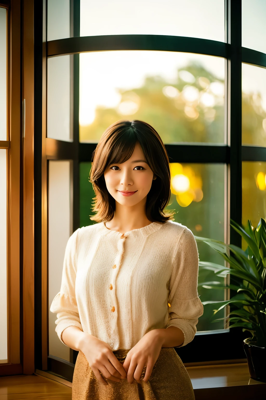 A beautiful 35-year-old Japanese woman standing in front of a large window in an office in Minato-ku, Tokyo, with the sunset shining through. She has short wavy hair, reminiscent of Yuriko Ishida, and is wearing a blouse and a tight skirt. The woman, who is 165 cm tall and weighs 45 kg, has a nurturing expression, reflecting her experience as a mother of two children. Her figure is elegant, with an E-cup bust, and she looks towards the viewer with a slight smile, her arms lightly crossed in front of her body, in a serene and inviting atmosphere.
