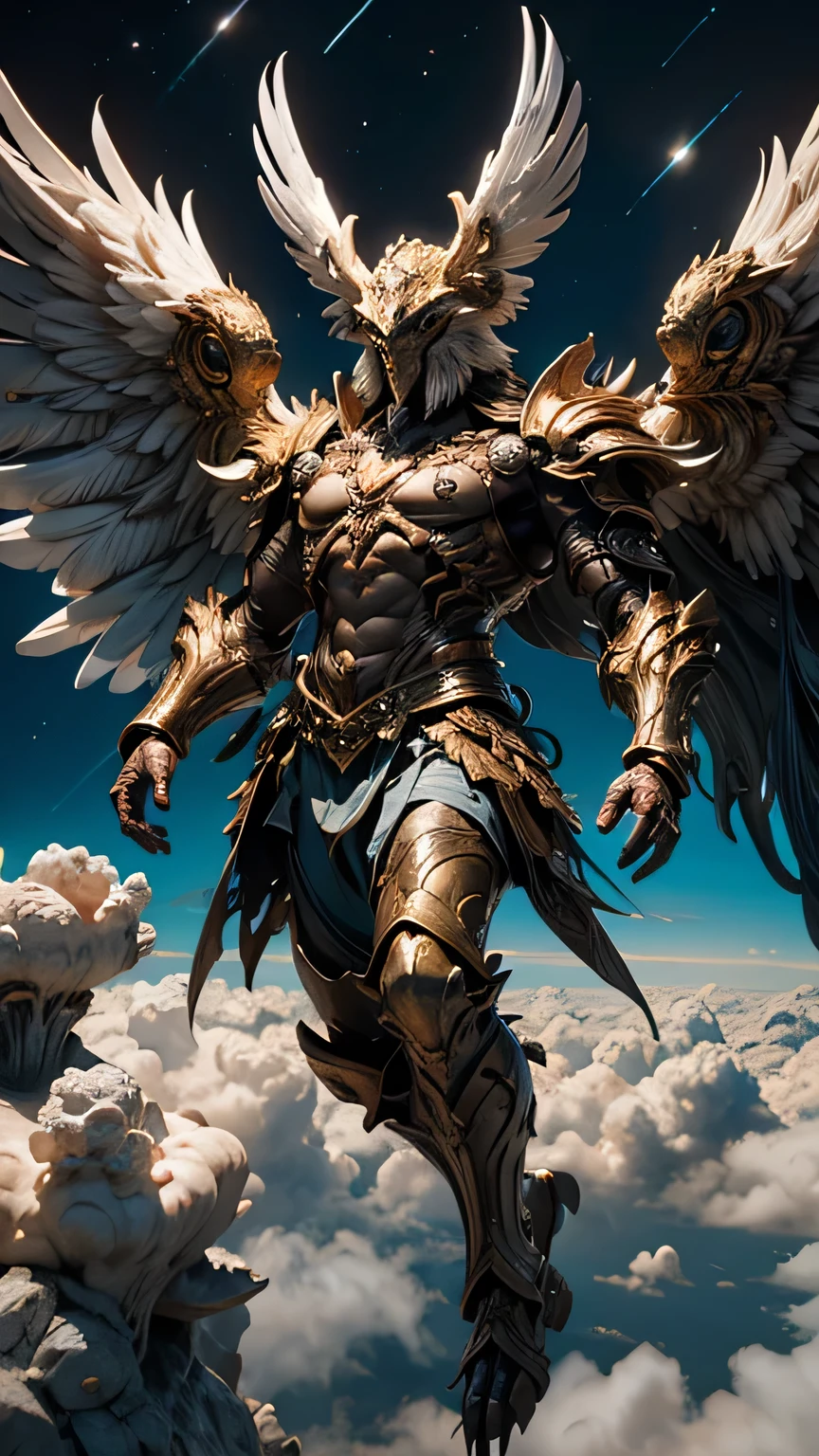 Garuda, (Bird Head:1.3), Very hairy body, Huge body, (Bird talons:1.2), Luxurious Armor, Dynamic pose, Cinematic lighting effects, Being above the clouds, Dynamic composition, (wrapped in cumulonimbus clouds:1.2), Full Plate Armor, , , Cumulonimbus clouds at your feet, In outer space, , (Break dance:1.1), Big wings on the back, , , , , , , , , , , , , ,