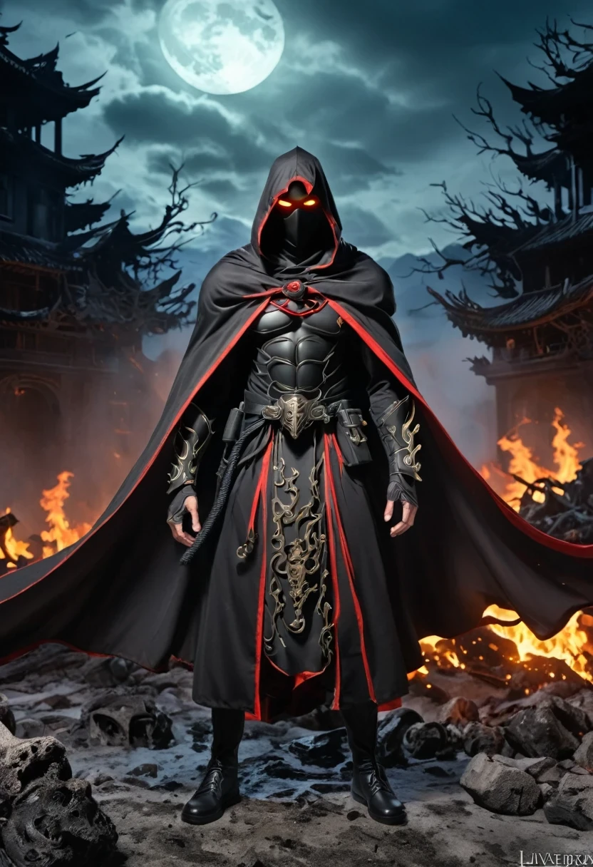 Lava,Hell style, Lava Lich King, Black Lava Necromancer armor with red elements ,Black hood and cape, Robe-Infused Armor, Glowing eyes,smokes, Natural Inspiration, Bones as accessories, Abandoned City Night, Linquivera background filled with chaotic patterns, Disturbing, Frustration, masterpiece, HD,