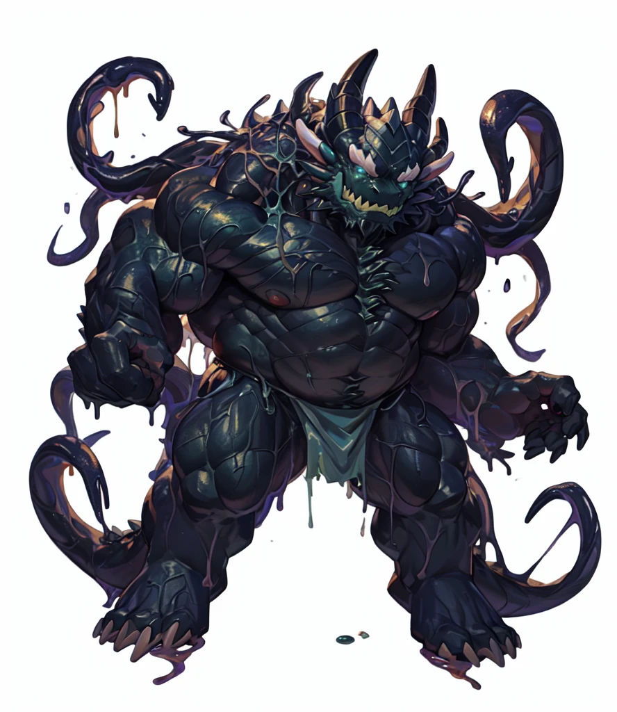 there is a midnight green monster with horns, his trunk is a long tentacle, his trunk is a huge tentacle, (midnight green skin, midnight green skinned), fat ripped satanic creature, muscled humanoid balrog demon, teal eye, (tentacle beast), symbiote, dark supervillain, full body savage devilman, midnight green dragon, (slime demon), slime skin, water like skin, commission for high res, full body dragon concept, (wearing loincloth and shirtless)