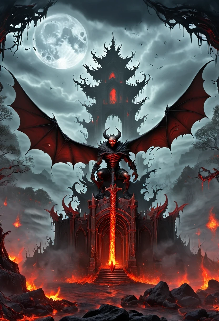 Lava Hell,Dark Lava Overlord,Nether lava mobs,masterpiece:1.2,Super detailed,Gothic art,Gloomy atmosphere,Ominous red and black color scheme,Majestic throne,flying bats,Mark of the Lava Demon,Beautiful forest,crimson fire,Ominous eyes pierce the darkness,Stealth figures,ethereal mist,Ominous spell,Skeleton Legion,Hot sulfur,ruthless minions,Summoning Portal,Fascinating Spellbook,Supernatural creatures emerging from the shadows,Ominous moonshine,The cracked earth reveals a fiery abyss,Hellish building,enchanted weapons,Scarred face,Blood red breath,The witch's cauldron.