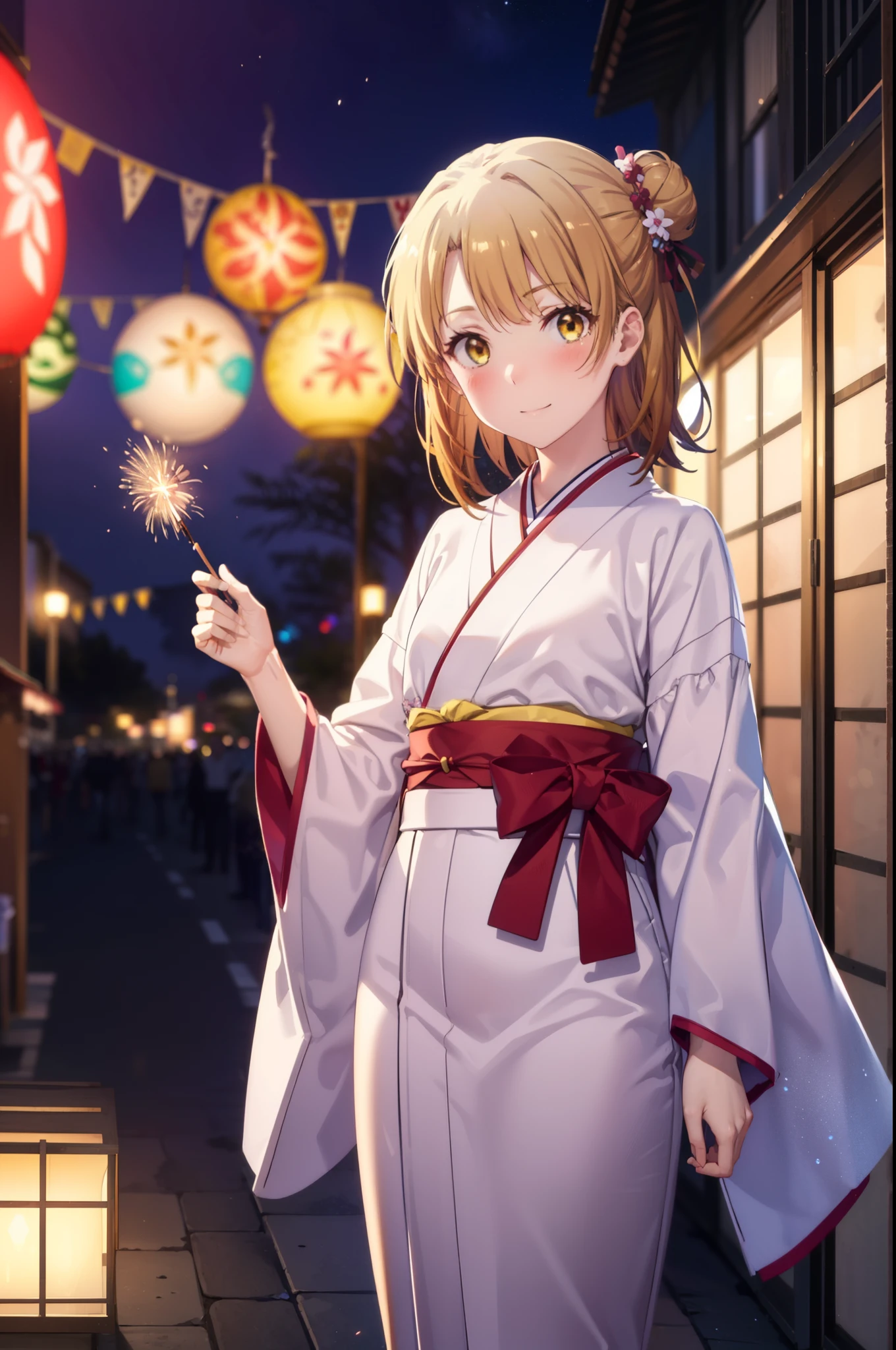 irohaisshiki, Iroha Isshiki, long hair, Brown Hair, (Brown eyes:1.5), Hair Bun, single Hair Bun,smile,Yellow kimono,Thick sleeves,Yellow hakama,White tabi,Sandals,日本のFestivalり,夏Festivalりの屋台,Red lantern,Fireworks in the night sky、Fireworks,The place is a fireworks display,Time is night,sunny day,whole bodyがイラストに入るように,歩いている
break outdoors, Festival,
break looking at viewer,whole body,
break (masterpiece:1.2), highest quality, High resolution, unity 8k wallpaper, (figure:0.8), (Beautiful fine details:1.6), Highly detailed face, Perfect lighting, Highly detailed CG, (Perfect hands, Perfect ???????),