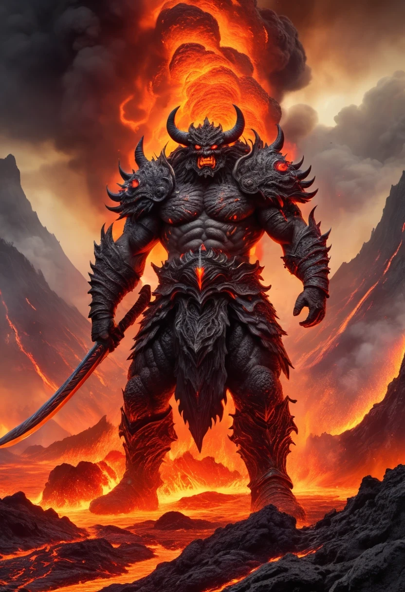 A heavily armed warrior descended from the sky，Doomsday landscape，Large-scale volcanic eruption，Flame sputtering，Lava，eruptive，A demon&#39;s face emerged from the smoke，Nuclear barrage，detergent，hydrosphere，（Implications：1.0）、Epic creation、Realistic lighting、High definition details、masterpiece、best quality，（Highly detailed CG Unity 8k wallpaper）