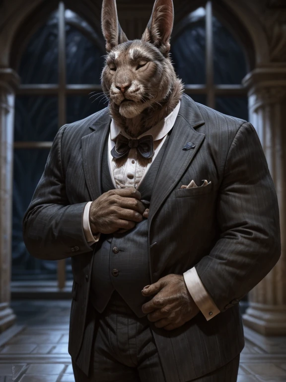 rabbit,uncle,male,Mature man,huge,Fat and strong,Serious expression,With eyes closed,Place your hands at your sides,Butler costume,Black suit(Full suit),night,Palace hall(Detailed background:1.2),High Detail, Film Photography, original video, actual, Analog style, best quality, ultra actual, 8k, (By Fiddler Tarrant),