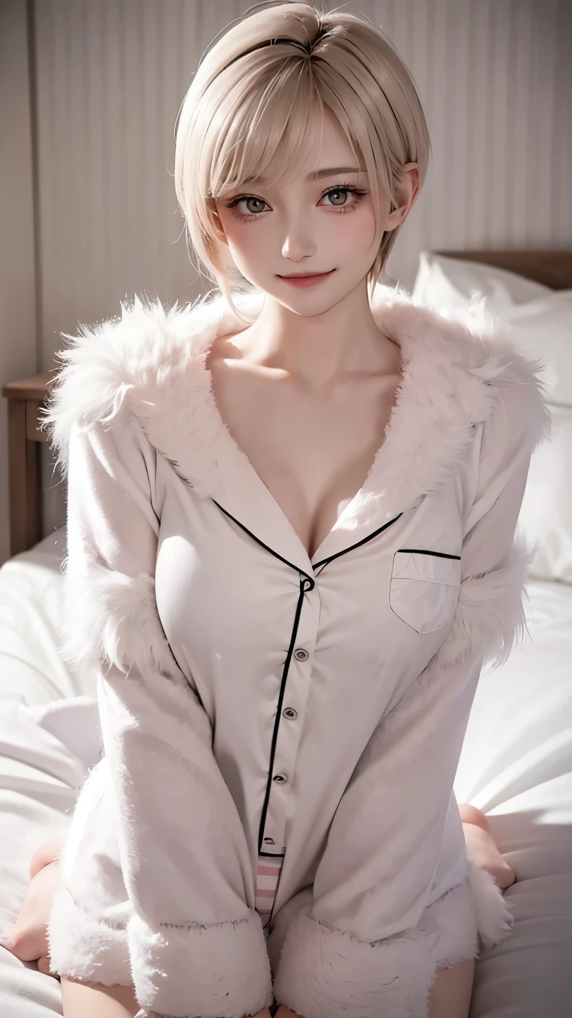 (masterpiece, highest quality, highest quality, Official Art, beautifully、aesthetic:1.2, Cinema Lighting、Key light at 45 degrees from the front, Subsidy light、Soft Backlight),
Beautiful face、Perfect round ass、the body is slim、Fit and body、Pale skin、Shiny, Bright Eyes、length eyelashes、
1 girl、alone、
accurate to the human body、Correct five-finger、Perfect human body、Knowledgeable person、Highly detailed face and skin texture、Natural neck length、(beautiful Hands)、beautiful, length, Thin legs、straighten both legs、Stretch out your arms、
Perfect human body、Accurate human body、A perfect and accurate left hand、A perfect and accurate right hand、Perfect and precise fingers、
skinny,Black Choker,Earrings,Big cleavage、
(Cute pajamas made from super fluffy material:1.5、Pink and white horizontal stripes two-tone color、Fluffy furry shorts、Fluffy and cute nightwear made of soft fur:1.5),
((Random hand gestures)),
Blonde pixie short hair、
Accurate 5-finger、Accurate human body、The perfect human body、
A room with a living feel、(((Big Breasts))),Dark bedroom、Luxury Love Hotel、Bold Pose、Sexy、Sensually、Ecstatic Face、To be spoiled and fawning、Wide legged、(Sensual ecstatic smile:1.5)