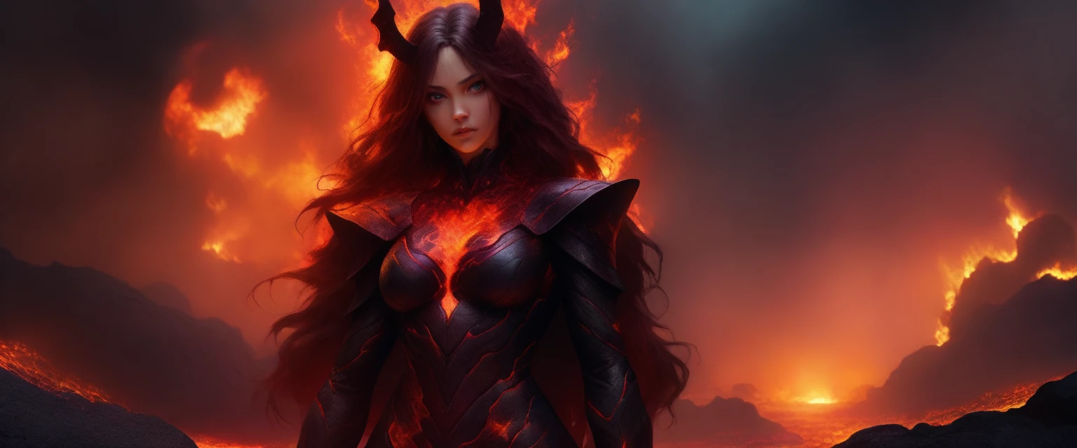 (best quality,highres:1.2), (realistic:1.37), HDR,UHD,studio lighting,extremely detailed,professional,vivid colors,bokeh, portraits,warm toned lighting, (cowboy shot:1.6), (low angle shot:1.6), female lava demon, demonic beautiful woman face, beautiful demon eyes, horns, dangerous look, fiery long hair, swimming in lava, head and neck visible, part of the hair floats on the surface of the lava, immersed in lava, wearing armor made from rocks and lava, big fiery rocky sword, demonic look, raw photo
