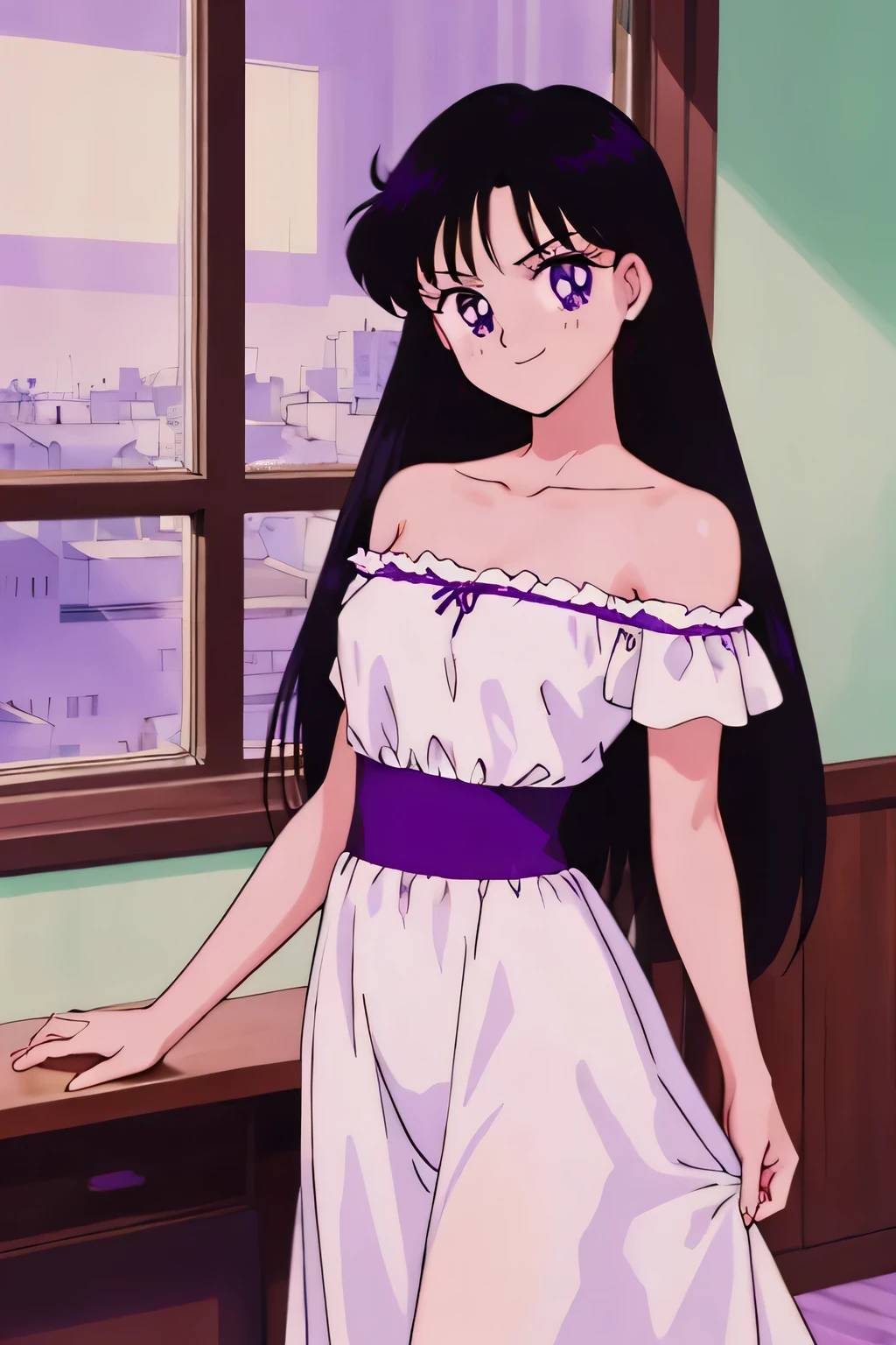 1 girl, solo, Rei Hino, Long Black Hair, Purple eyes, bare shoulders, strapless, off shoulders, white ruffle off the shoulder maxi dress, smile, indoor bedroom, cowboy shot, facing viewer, ultra detailed, masterpiece, best quality, Teenager, window of a purple sundown, sharp features,