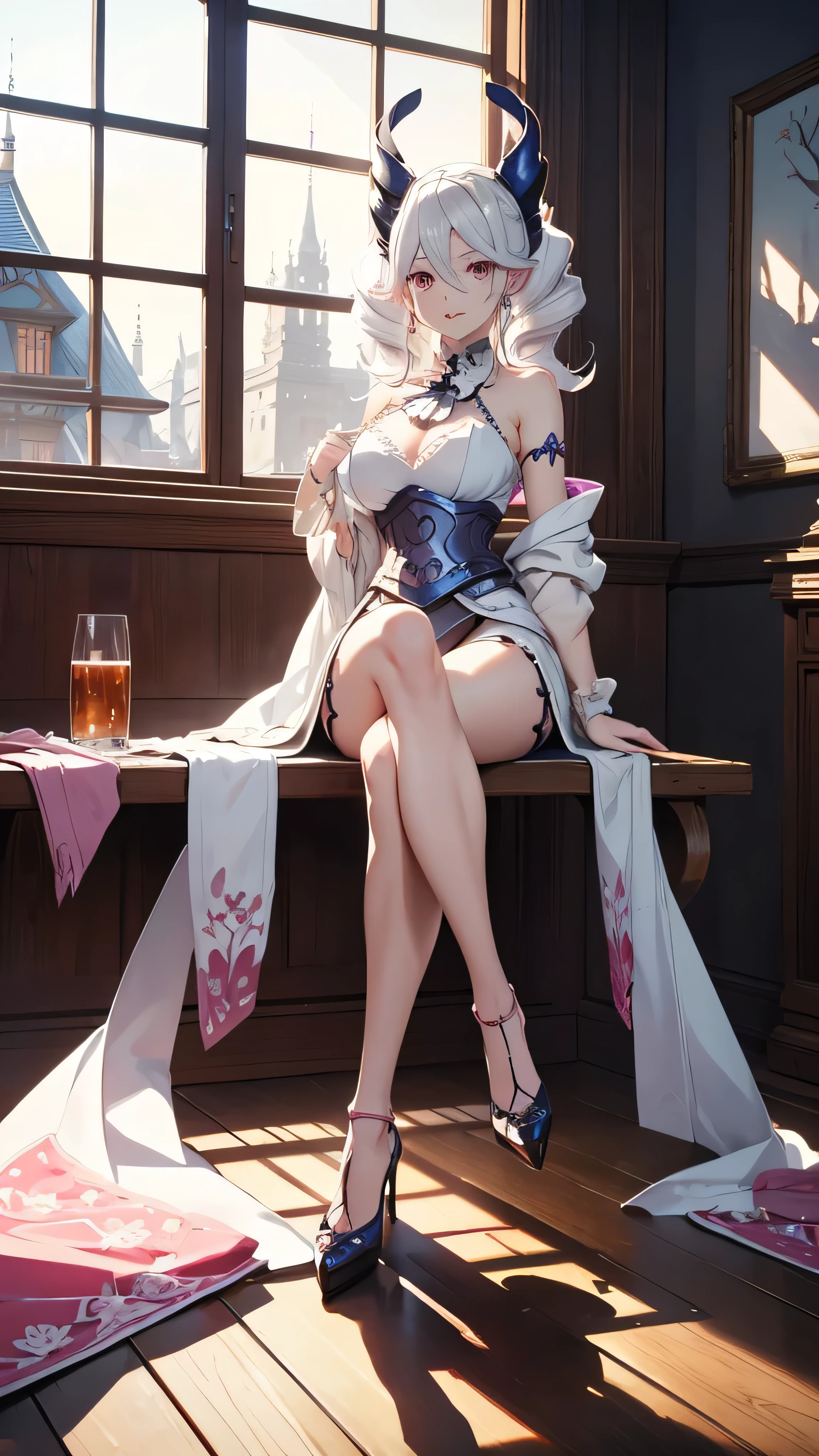 anime - style image of a woman sitting on a bench in a room, a character portrait by Shitao, pixiv, fantasy art, 2. 5 d cgi anime fantasy artwork, guweiz on artstation pixiv, fanart best artstation, guweiz on pixiv artstation, extremely detailed artgerm, 8k high quality detailed art ، leg crossed in detailed , horn , from below , white hair , pink eye , high heels