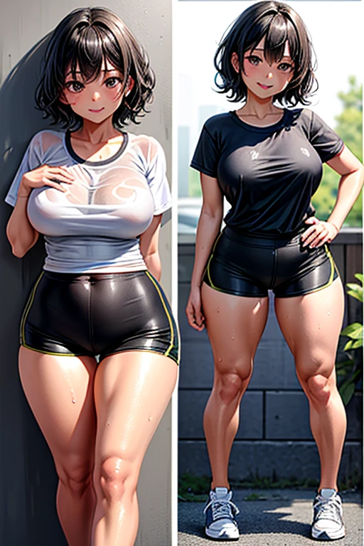 Beautiful Wife、running、T-Shirts、Tight fitting shorts、Sweating、sneakerasterpiece、Plump Japanese、Photogenic reality、4K resolution、Wet and glowing body、short hair、naughty body、smile、Wet wavy hair、Beautiful ass