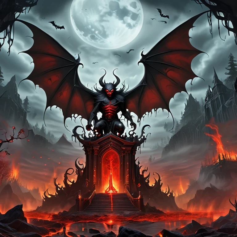 Lava Hell,Dark Lava Overlord,Nether lava mobs,masterpiece:1.2,Super detailed,Gothic art,Gloomy atmosphere,Ominous red and black color scheme,Majestic throne,flying bats,Mark of the Lava Demon,Beautiful forest,crimson fire,Ominous eyes pierce the darkness,Stealth figures,ethereal mist,Ominous spell,Skeleton Legion,Hot sulfur,ruthless minions,Summoning Portal,Fascinating Spellbook,Supernatural creatures emerging from the shadows,Ominous moonshine,The cracked earth reveals a fiery abyss,Hellish building,enchanted weapons,Scarred face,Blood red breath,The witch's cauldron.