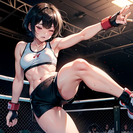 Cute Japanese high school girl on all fours with short cut black hair during a match in a women's mixed martial arts ring, pained expression, one eye closed, mouth wide open, out of breath, drooling, very sweaty, out of stamina, slender body, poor breasts, small breasted sports bra, high leg shorts, open finger gloves