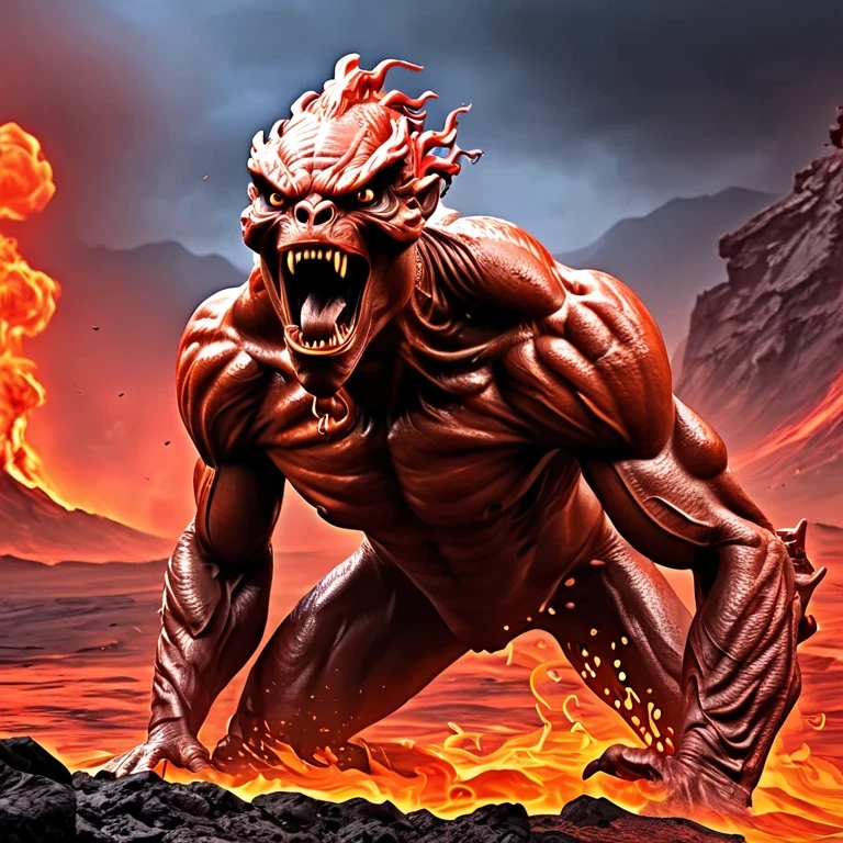 Lava Hell, Hell scenery, Fiery lava creature, Intense red lava, (Hyper-realistic facial features:1.3)