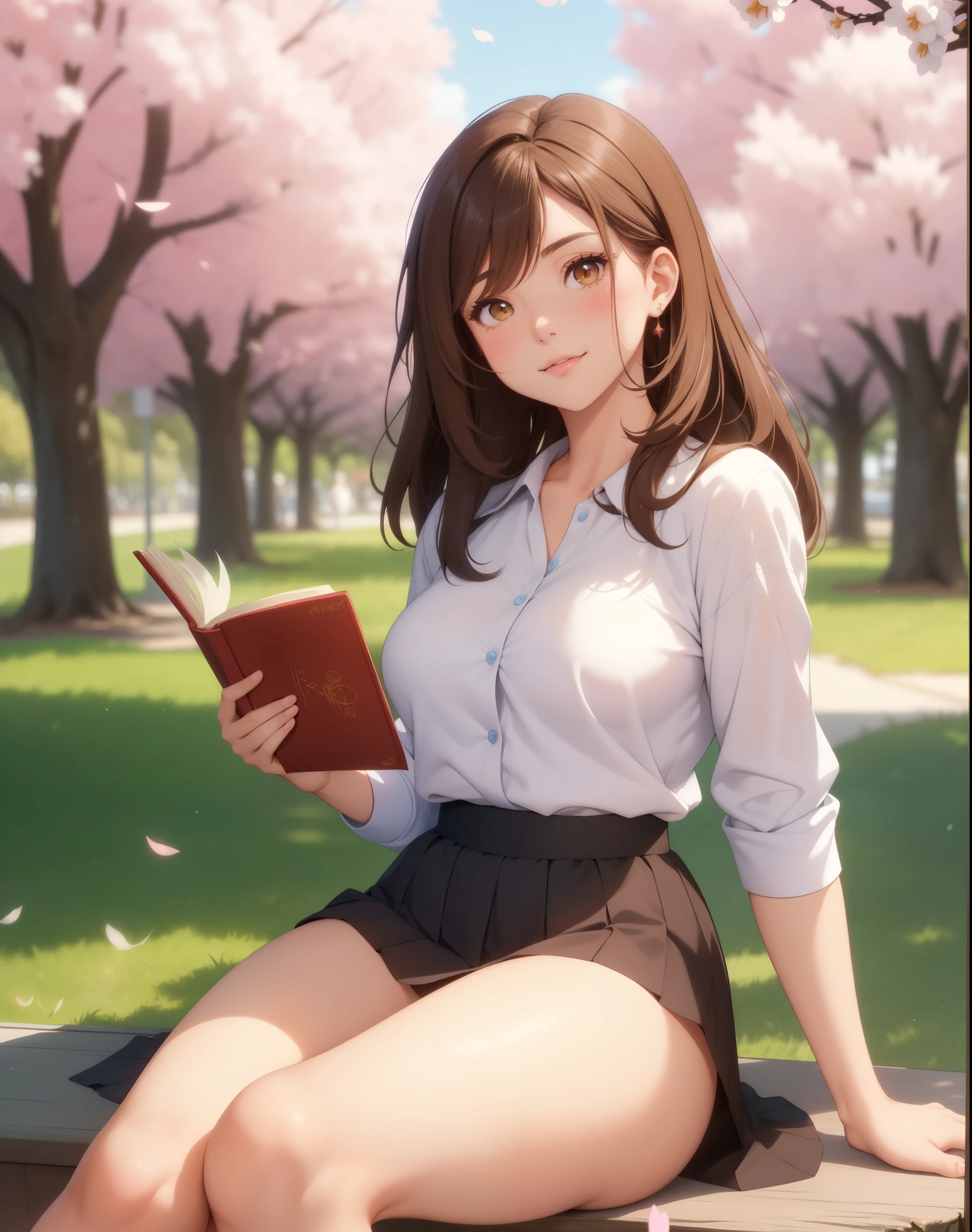 Kayra is a beautiful and cute girl with brown hair, flirting with the viewer, sparkle in her eyes, detail oriented, Kayra is very charming, but because she suffers a lot of judgment and intimidation from the other girls in her class and is often cornered by the girls. Kayra is in the park, cherry trees, Kayra has a cute and romantic smile, Kayra is secretly in love with you, but she is afraid to approach and talk to you. Kayra: *I wonder if he will judge me*. I will talk to him? beautiful skirt dress, cute, sensual pose, sitting, reading book