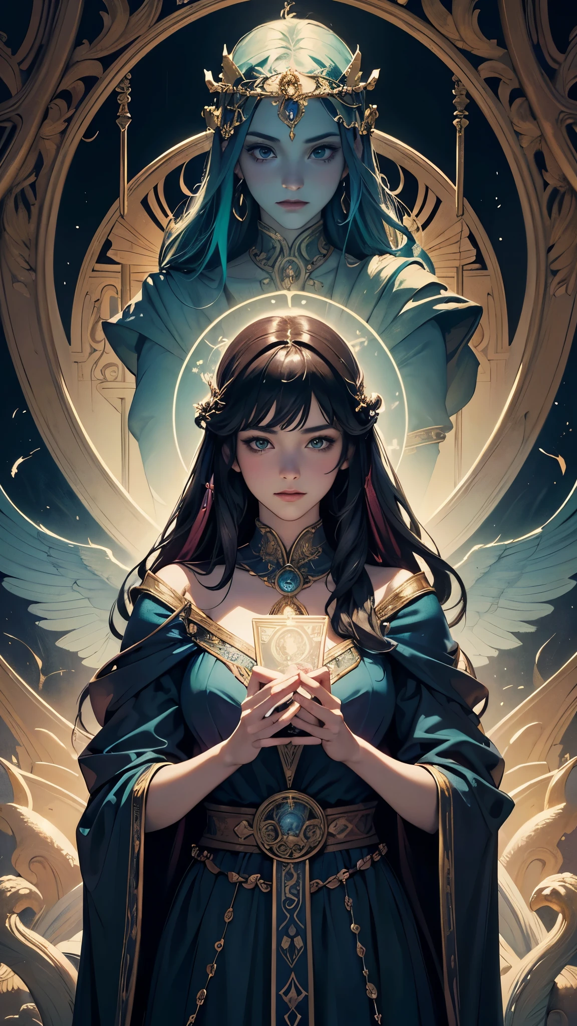 (aesthetic)Artwork of (fantasy)Tarot with a (Roman aesthetic). The (fantasy)Tarot cards depict mythical creatures and mystical scenes. Each card is intricately detailed, with (vivid colors)colorful illustrations that tell a (photorealistic)realistic story. The (fantasy)aesthetic elements include (magic)magical landscapes, (mysterious)mysterious characters, and (enchanted)enchanted symbols. The (Roman)Roman aesthetic adds a touch of (classical elegance)class and sophistication to the artwork, with (fine details)fine details and (subtle beauty)subtle nuances. The (artwork)artwork is created using various mediums such as (oil painting)oil paintings, (detailed sketches)detailed sketches, and (digital illustrations)digital illustrations, each showcasing the (masterpiece:1.2)masterful craftsmanship and (ultra-detailed)attention to detail. The (lighting)lighting in the artwork is (dramatic)draughtsmanship, with (soft shadows)soft and (subtle highlights)subtle highlights, creating a sense of (mysterious)mystery and (depth). The overall (color palette)color palette is rich and (vibrant)vibrant, with deep (jewel tones)jewel tones and (warm)warm hues, reflecting the (fantasy)aesthetic of the Tarot world. The artwork evokes a sense of (wonder)wonder, (magic)magic, and (romanticism)romanticism, transporting the viewer into a (dreamlike)dream-like realm of (fantasy)fantasy and (imagination)imagination. The (highres)high-resolution images are ideal for (art collectors)art collectors, (fans of Tarot)Tarot enthusiasts, and anyone who appreciates (beautiful art)beautifully detailed art with a (mythical)mythical touch.