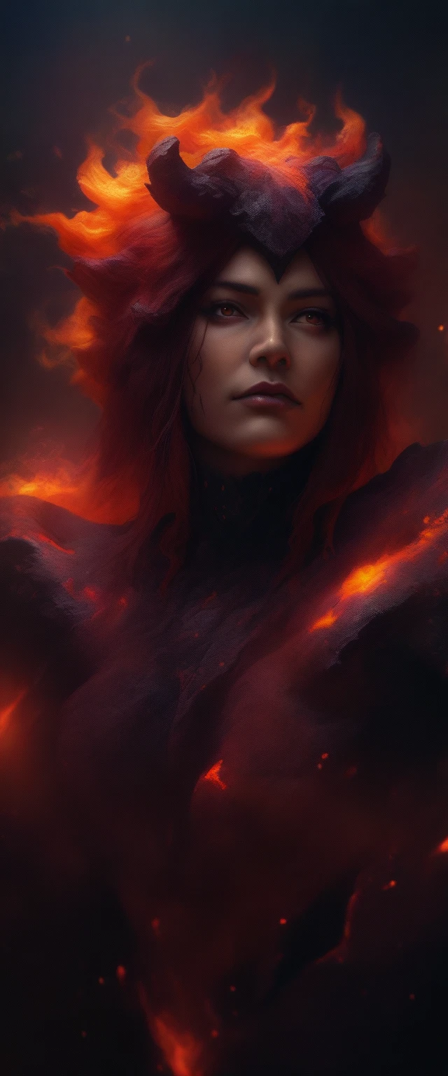 (best quality,highres:1.2), (realistic:1.37), HDR,UHD,studio lighting,extremely detailed,professional,vivid colors,bokeh, portraits,warm toned lighting, (cowboy shot:1.6), (low angle shot:1.6), female lava demon, demonic beautiful woman face, beautiful demon eyes, horns, dangerous look, fiery long hair, swimming in lava, head and neck visible, part of the hair floats on the surface of the lava, immersed in lava, wearing armor made from rocks and lava, big fiery rocky sword, demonic look, raw photo