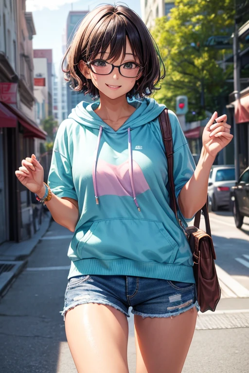 Cute woman、Stylish T-shirt、Shorts、Wavy very short hair、Pastel colored hoodie jacket、Glasses、High definition、4K resolution、Photorealistic、tourist spot、smile、Sweating
