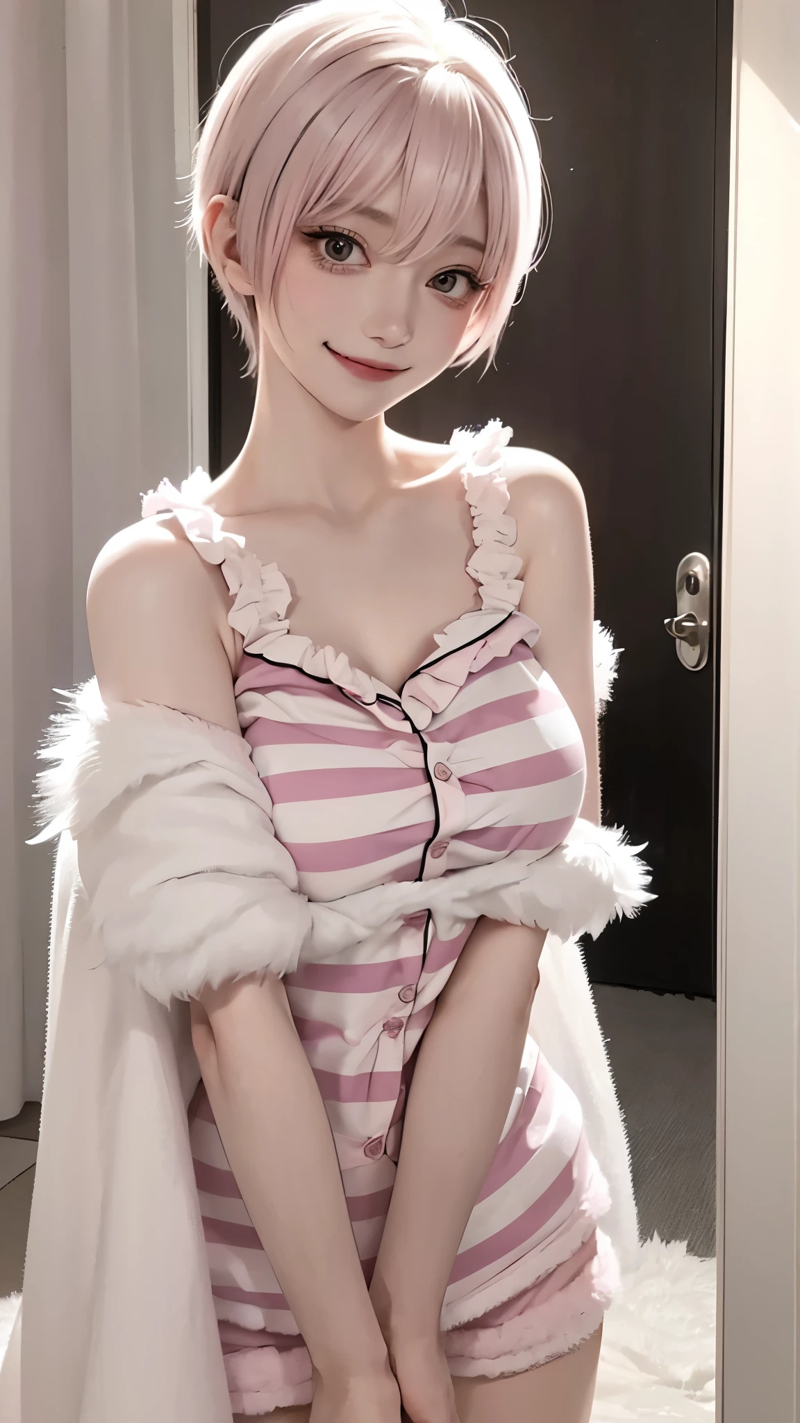 (masterpiece, highest quality, highest quality, Official Art, beautifully、aesthetic:1.2, Cinema Lighting、Key light at 45 degrees from the front, Subsidy light、Soft Backlight),
Beautiful face、Perfect round ass、the body is slim、Fit and body、Pale skin、Shiny, Bright Eyes、length eyelashes、
1 girl、alone、
accurate to the human body、Correct five-finger、Perfect human body、Knowledgeable person、Highly detailed face and skin texture、Natural neck length、(beautiful Hands)、beautiful, length, Thin legs、straighten both legs、Stretch out your arms、
Perfect human body、Accurate human body、A perfect and accurate left hand、A perfect and accurate right hand、Perfect and precise fingers、
skinny,Black Choker,Earrings,Big cleavage、
(Cute pajamas made from super fluffy material:1.5、Pink and white horizontal stripes two-tone color、Fluffy furry shorts、Fluffy and cute nightwear made of soft fur:1.8),
((Random hand gestures)),
Blonde pixie short hair、
Accurate 5-finger、Accurate human body、The perfect human body、
Outdoor、In front of the door、Open the door and visit、(((Big Breasts))),Dark bedroom、Luxury Love Hotel、Bold Pose、Sexy、Sensually、Ecstatic Face、To be spoiled and fawning、Wide legged、(Sensual ecstatic smile:1.5)
