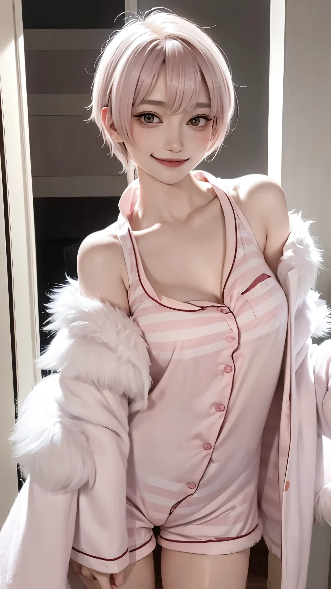 (masterpiece, highest quality, highest quality, Official Art, beautifully、aesthetic:1.2, Cinema Lighting、Key light at 45 degrees from the front, Subsidy light、Soft Backlight), 


Beautiful face、Perfect round ass、the body is slim、Fit and body、Pale skin、Shiny, Bright Eyes、length eyelashes、
1 girl、alone、

accurate to the human body、Correct five-finger、Perfect human body、Knowledgeable person、Highly detailed face and skin texture、Natural neck length、(beautiful Hands)、beautiful, length, Thin legs、straighten both legs、Stretch out your arms、
Perfect human body、Accurate human body、A perfect and accurate left hand、A perfect and accurate right hand、Perfect and precise fingers、


skinny,Black Choker,Earrings,Big cleavage、


(Cute pajamas made from super fluffy material:1.5、Pink and white horizontal stripes two-tone color、Fluffy furry shorts、Fluffy and cute nightwear made of soft fur:1.8), 


 ((Random hand gestures)), 
Blonde pixie short hair、
Accurate 5-finger、Accurate human body、The perfect human body、

Outdoor、In front of the door、Open the door and visit、(((Big Breasts))),Dark bedroom、Luxury Love Hotel、Bold Pose、Sexy、Sensually、Ecstatic Face、To be spoiled and fawning、Wide legged、(Sensual ecstatic smile:1.5)