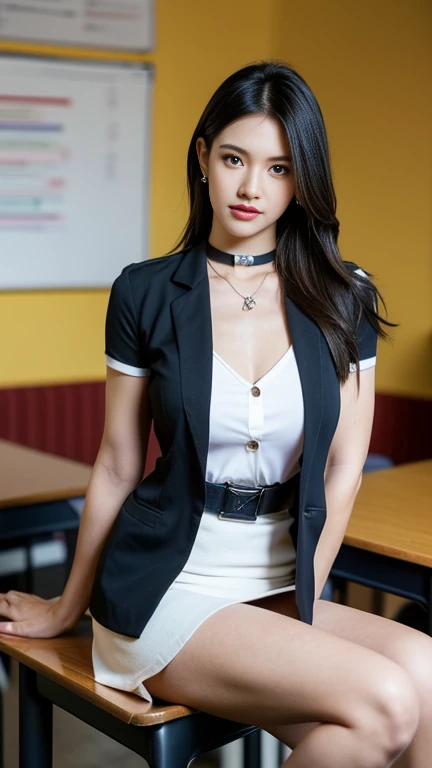 (Masterpiece, best quality, alone, รายละเอียดที่complicated, Chromatic aberration), realistic, ((Moderate breath)), hair in one eye,purple eyes, earring, sharp eyes, choker,diamond pendant, (symmetrical eyes),(Perfect symmetrical body),Photo of a beautiful 20 year old girl,(fit the body), Beautiful and charming with contemporary fashion paintings as well....., looking at the audience, ((in the classroom background)), (1 Teen Girl),(black short skirt), (white short sleeve, Form fitting shirt., Unbuttoning 3 buttons, Revealing a little breast..), ((A short black pencil skirt with a deep slit on the side...)), sugar belt, ((Put your hands down.)),golden hair, Bob, long hair, Side flatness,round chin, Art lens 85mm, Sharp focus, High resolution 8K, Crazy details, complicated, elegant,(sitting on the study table), Lift one leg to eye level.., The legs are slightly apart..,dynamic gesture, Sitting on a reading table in a luxury hotel room Turn your head with your legs open at eye level. Separate your legs slightly.,Lift your right leg over your left leg, releasing it naturally to eye level., แยกขาออกเล็กน้อย dynamic gesture,polish,Engineer boots,muscular legs,Beautiful muscles,Don't pop,Not naked,lace,(Short sleeve dark blue uniform lab coat.)
