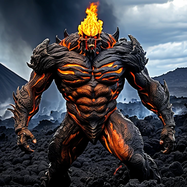 A heavily armed warrior descended from the sky,Doomsday landscape,Large-scale volcanic eruption,Flame sputtering,Lava,eruptive,A demon's face emerged from the smoke,Nuclear barrage,detergent,hydrosphere,(Implications:1.0)、Epic creation、Realistic lighting、High definition details、masterpiece、best quality,(Highly detailed CG Unity 8k wallpaper)