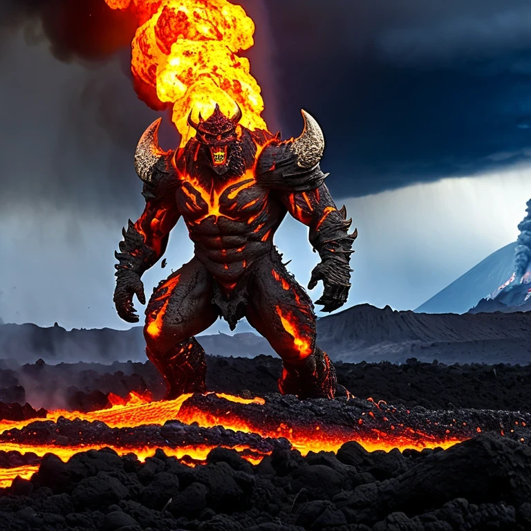 A heavily armed warrior descended from the sky，Doomsday landscape，Large-scale volcanic eruption，Flame sputtering，Lava，eruptive，A demon&#39;s face emerged from the smoke，Nuclear barrage，detergent，hydrosphere，（Implications：1.0）、Epic creation、Realistic lighting、High definition details、masterpiece、best quality，（Highly detailed CG Unity 8k wallpaper）