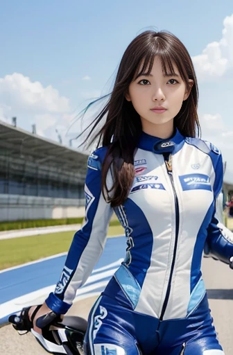 whole body, View from below, sharp focus, ((riding motor:1.2)), a lot of details, slender waist, 30 years old, Fluttering long hair, ringlets, detailed black hair, beautiful detailed hair, super fucking beautiful, happy, complex details beautiful and delicate eyes, perfect hands, small breast, perfect and delicate limbs, detailed skin, (white and blue rider suit:1.2), blue sky, scenery, (Suzuka Circuit:1.2), ((A scene where two motorcycles are fighting:1.3)),best quality, ultra-detailed,