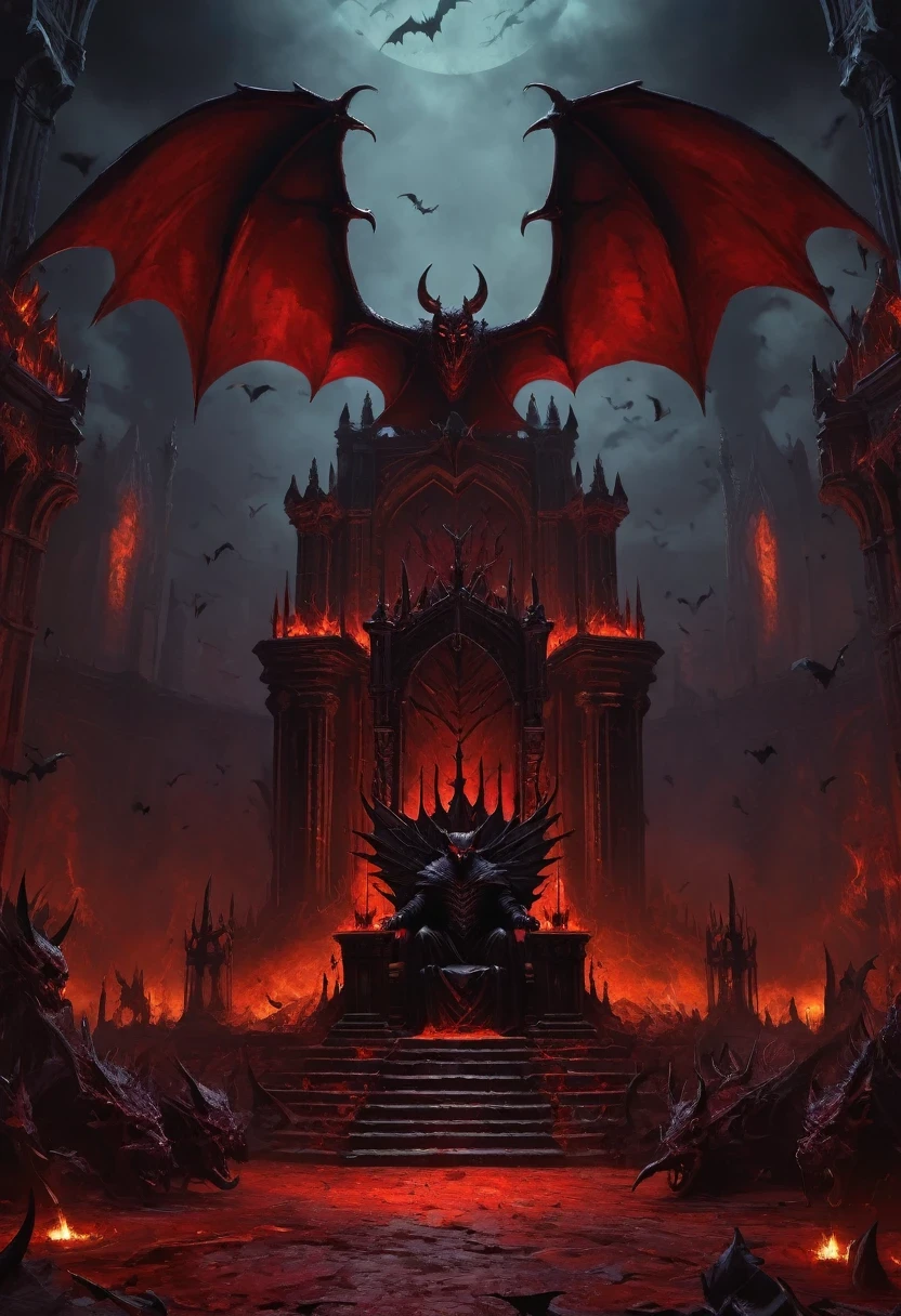 hell,Dark Overlord,Nether mobs,masterpiece:1.2,Super detailed,Gothic art,Gloomy atmosphere,Ominous red and black color scheme,Majestic throne,flying bats,Devil's mark,Beautiful forest,crimson fire,Ominous eyes pierce the darkness,Stealth figures,ethereal mist,Ominous spell,Skeleton Legion,Hot sulfur,ruthless minions,Summoning Portal,Fascinating Spellbook,Supernatural creatures emerging from the shadows,Ominous moonshine,The cracked earth reveals a fiery abyss,Hellish building,enchanted weapons,Scarred face,Blood red breath,The witch's cauldron.