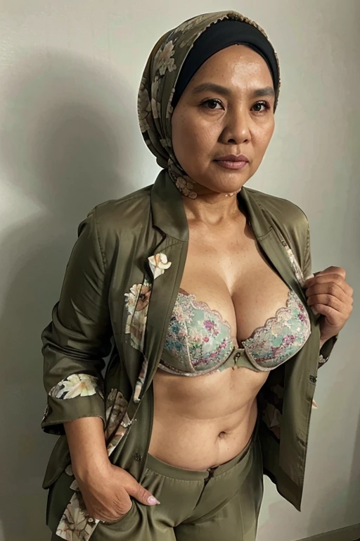 59 years old chubby indonesian grandmother, ((khaki floral hijab))), wearing (((bra inside the unbutton patternless blazer))), sweating, old mature wrinkls skin detail, (BBW), full body view