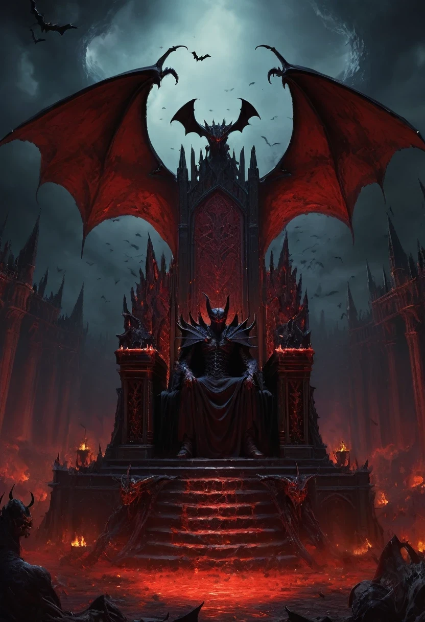 hell,Dark Overlord,Nether mobs,masterpiece:1.2,Super detailed,Gothic art,Gloomy atmosphere,Ominous red and black color scheme,Majestic throne,flying bats,Devil's mark,Beautiful forest,crimson fire,Ominous eyes pierce the darkness,Stealth figures,ethereal mist,Ominous spell,Skeleton Legion,Hot sulfur,ruthless minions,Summoning Portal,Fascinating Spellbook,Supernatural creatures emerging from the shadows,Ominous moonshine,The cracked earth reveals a fiery abyss,Hellish building,enchanted weapons,Scarred face,Blood red breath,The witch's cauldron.
